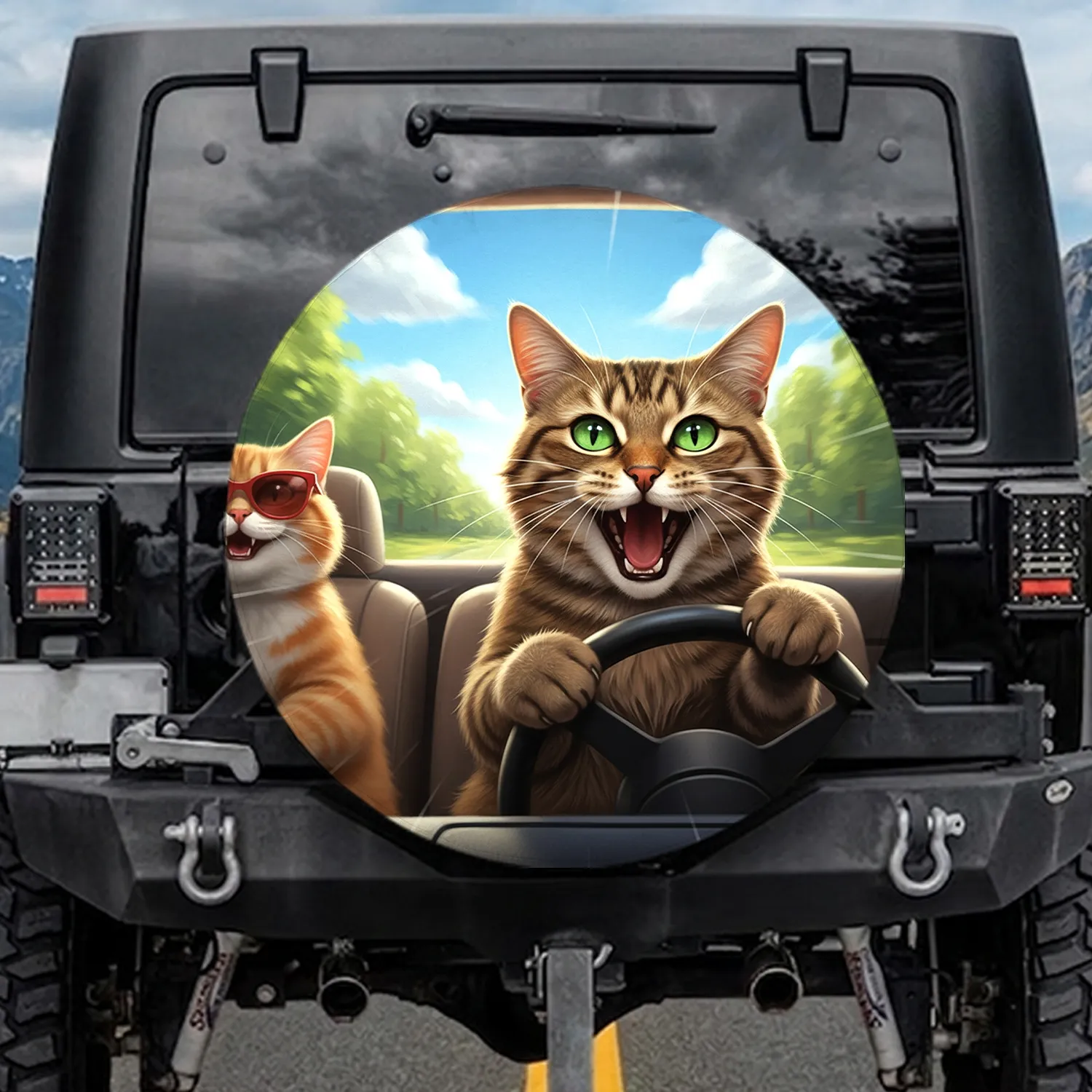 Tabby Ginger Cats Driving Vehicle - Open Road Adventure Gear for Cat Lovers Spare Tire Cover - 1