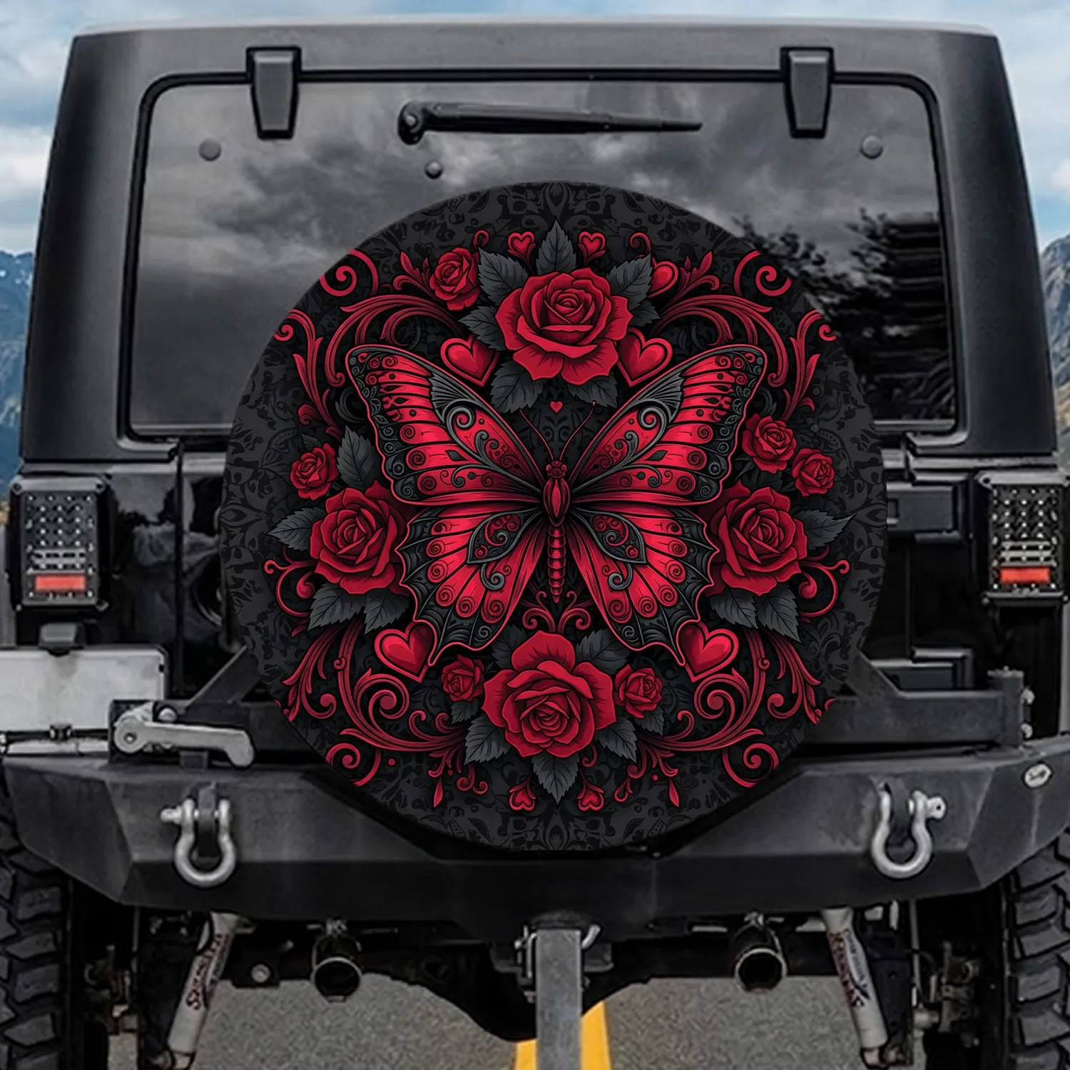 Crimson Butterfly Red Roses Gothic Vines Floral Filigree - Home Decor Gift Spare Tire Cover - 1
