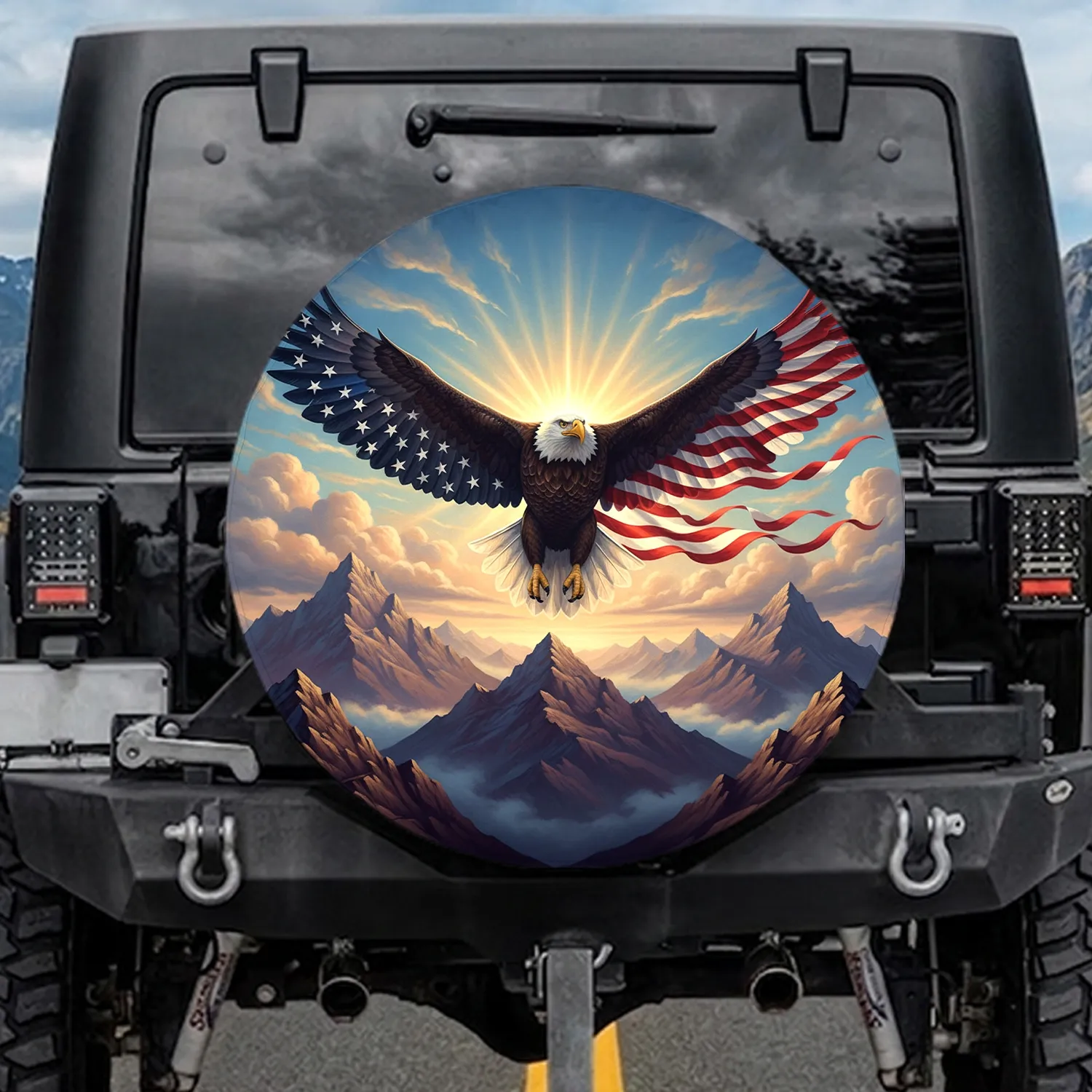 Bald Eagle American Flag Mountains - Independence Day Gift for Veterans Spare Tire Cover - 1