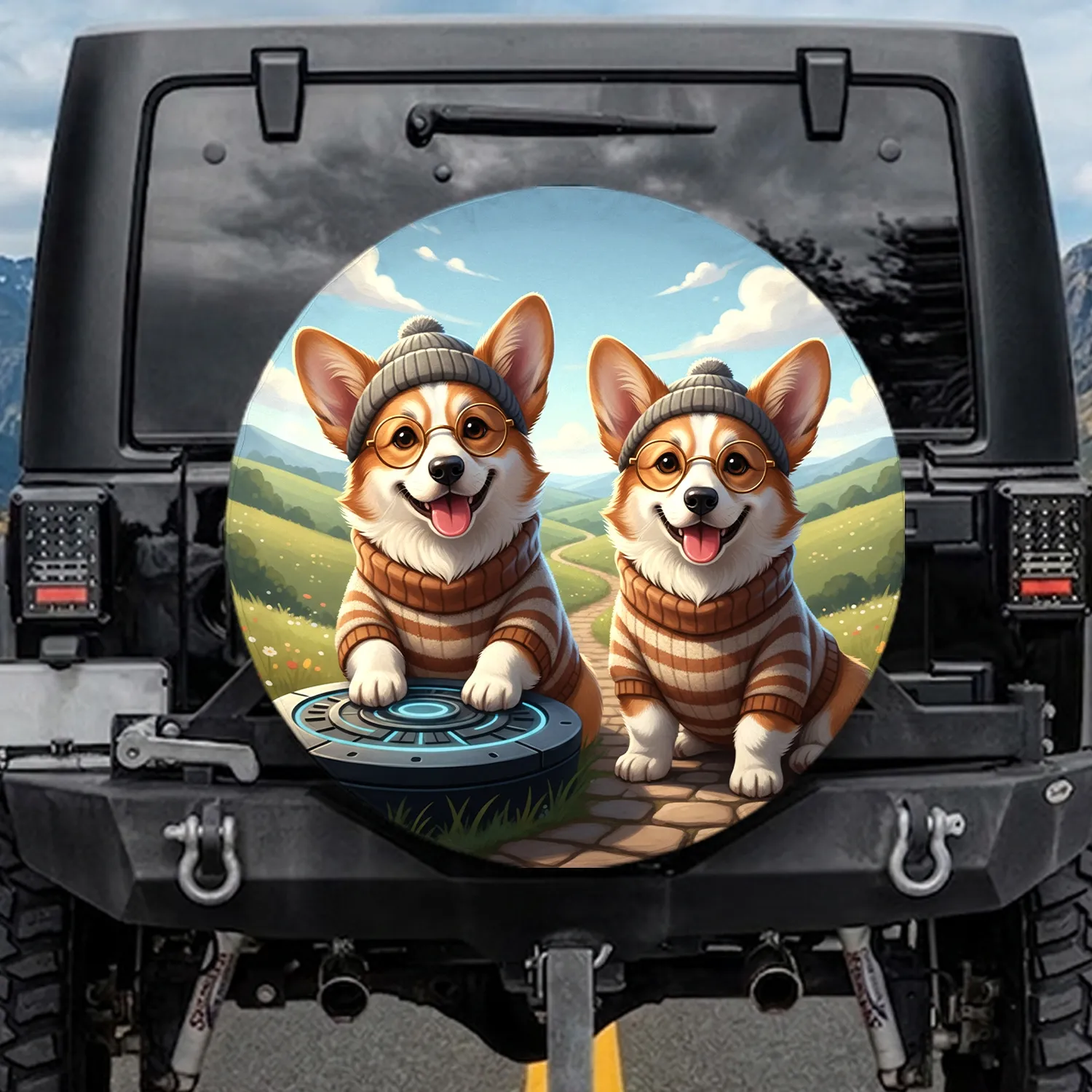 Corgis in Beanies Spectacles on Rolling Hills Path - Adventurous Dog Lover Gift Spare Tire Cover - 1