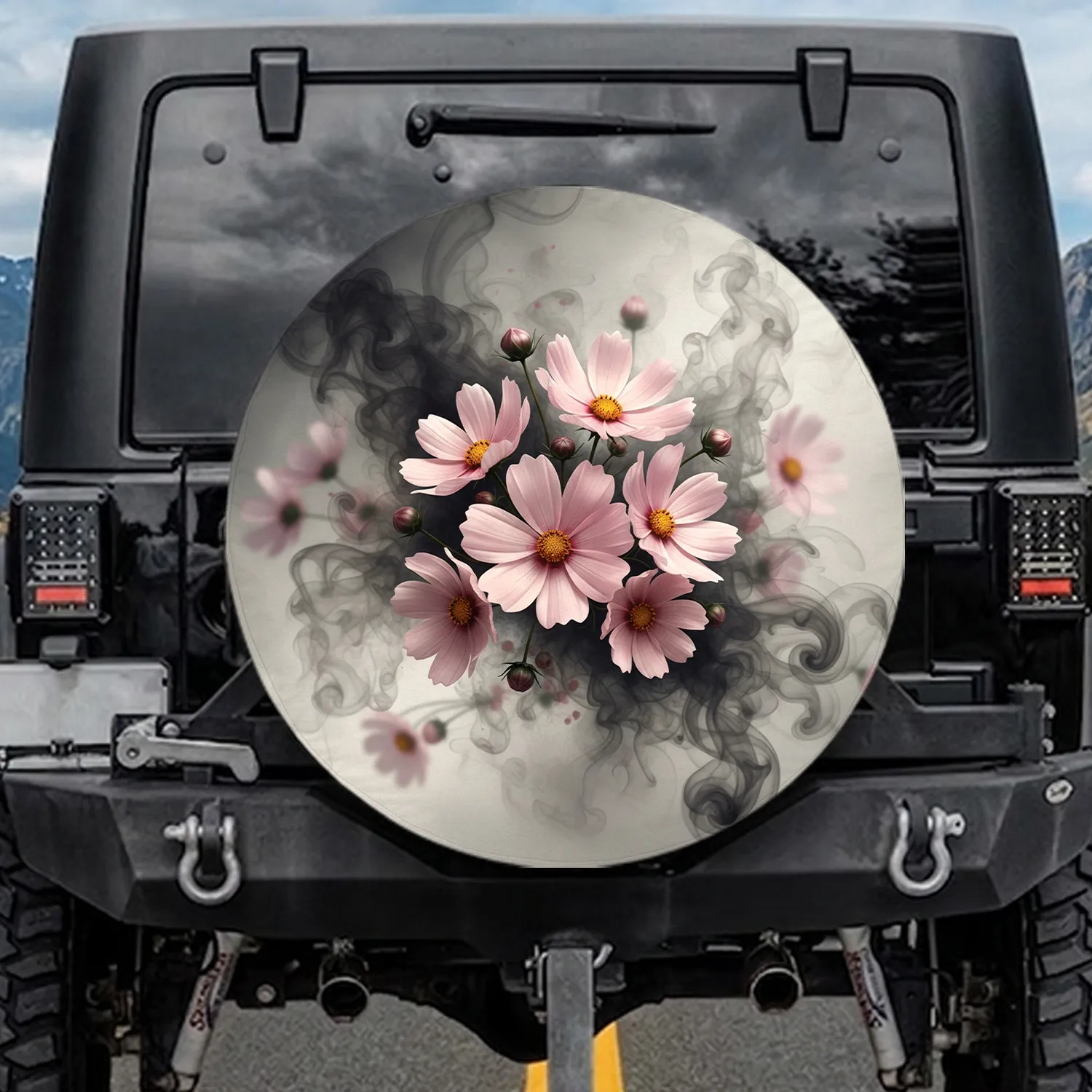 Blush Pink Cosmos Flowers Dark Smoke - Home Decor Gift for Flower Lovers Spare Tire Cover - 1