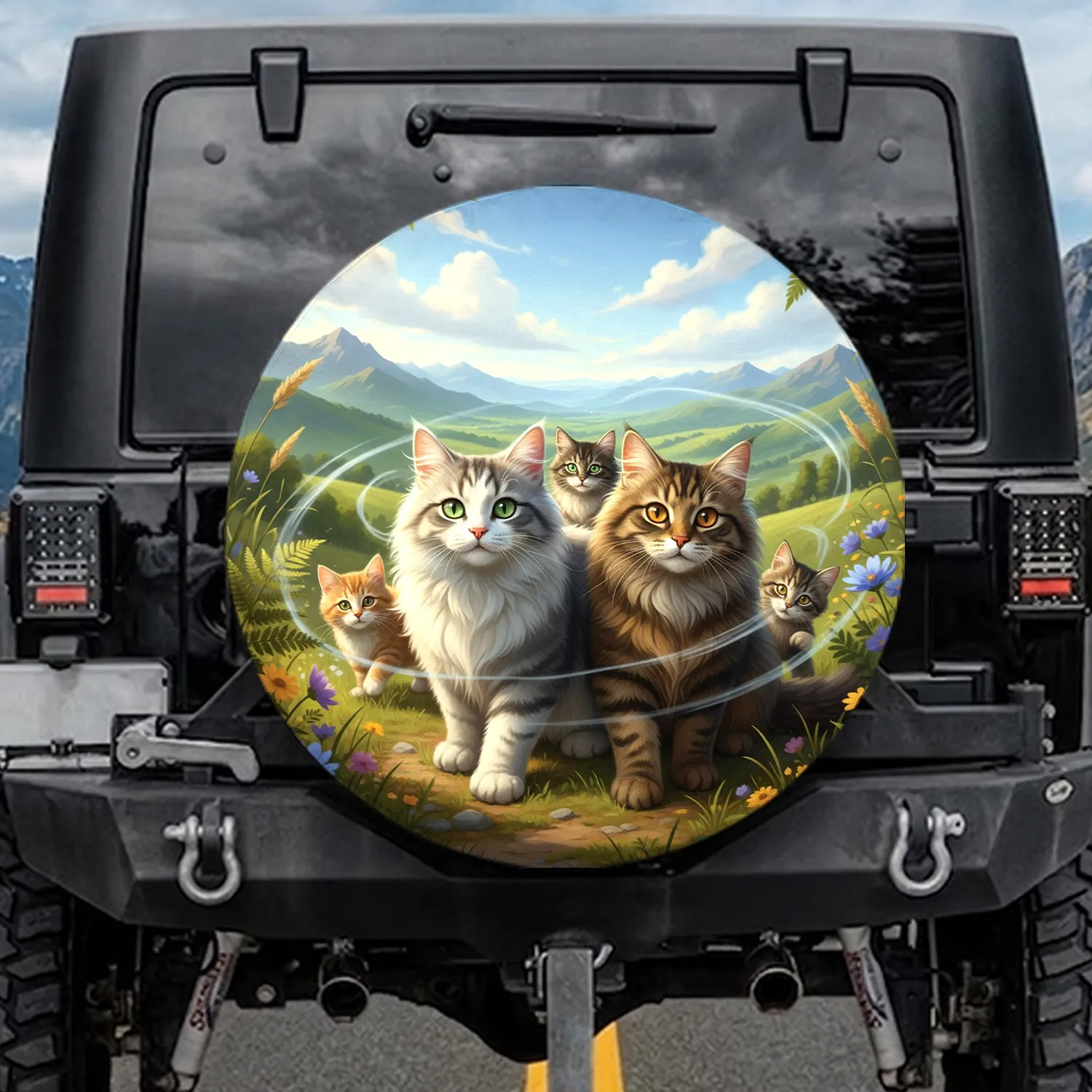 Fluffy Cats Wildflower Landscape - Nature Lover Gift for Cat Lovers Spare Tire Cover - 1