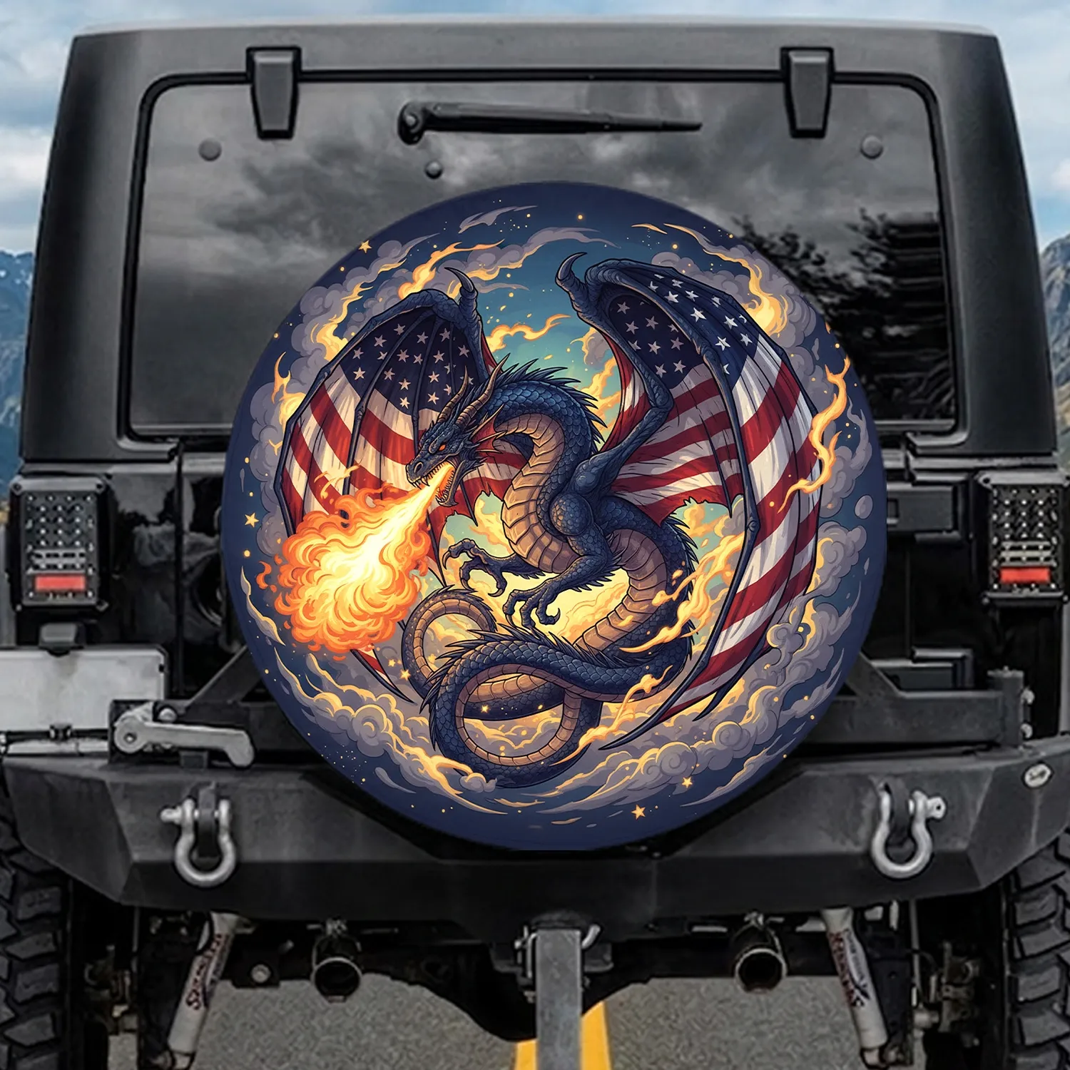 Majestic Dragon American Flag Fire - Independence Day Gift for Veterans Spare Tire Cover - 1