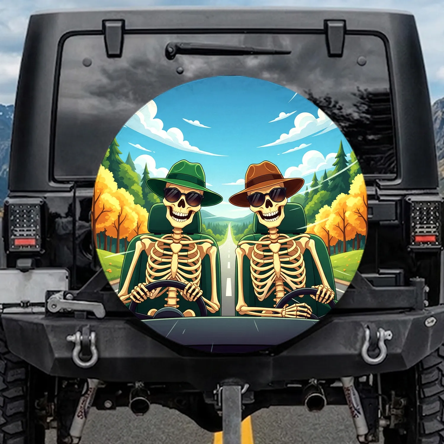 Skeletal Figures Fedoras Driving - Travel Adventure Gift Spare Tire Cover - 1