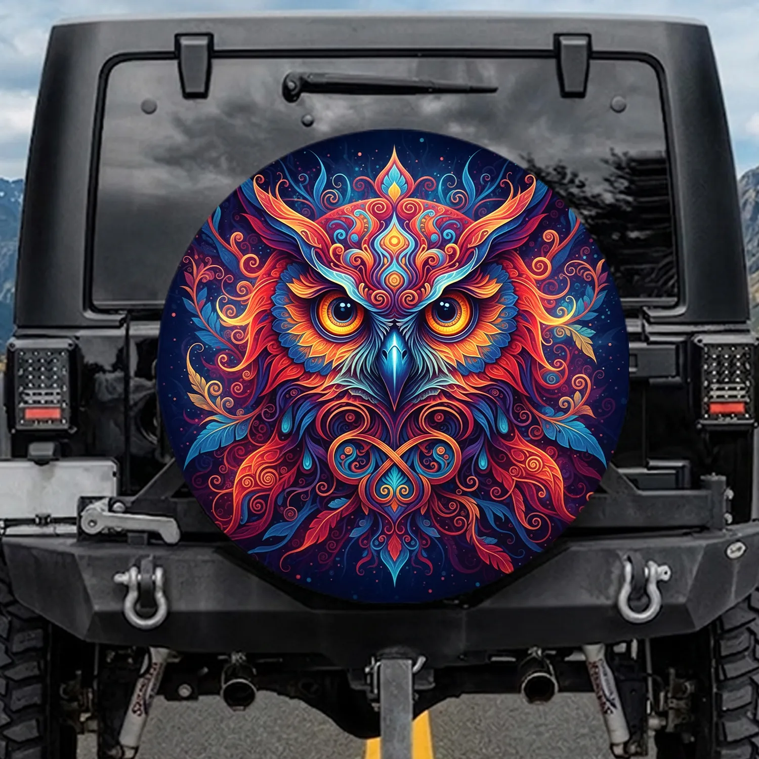 Wise Owl Glowing Eyes Psychedelic Swirls Mandala - Home Decor Gift Spare Tire Cover - 1