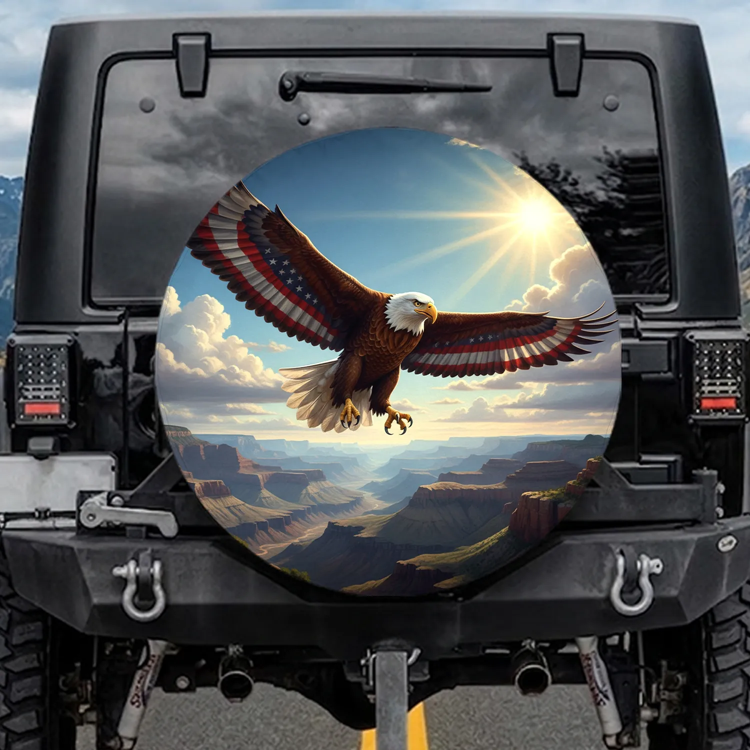 Bald Eagle American Flag Mountain - Independence Day Gift for Veterans Spare Tire Cover - 1