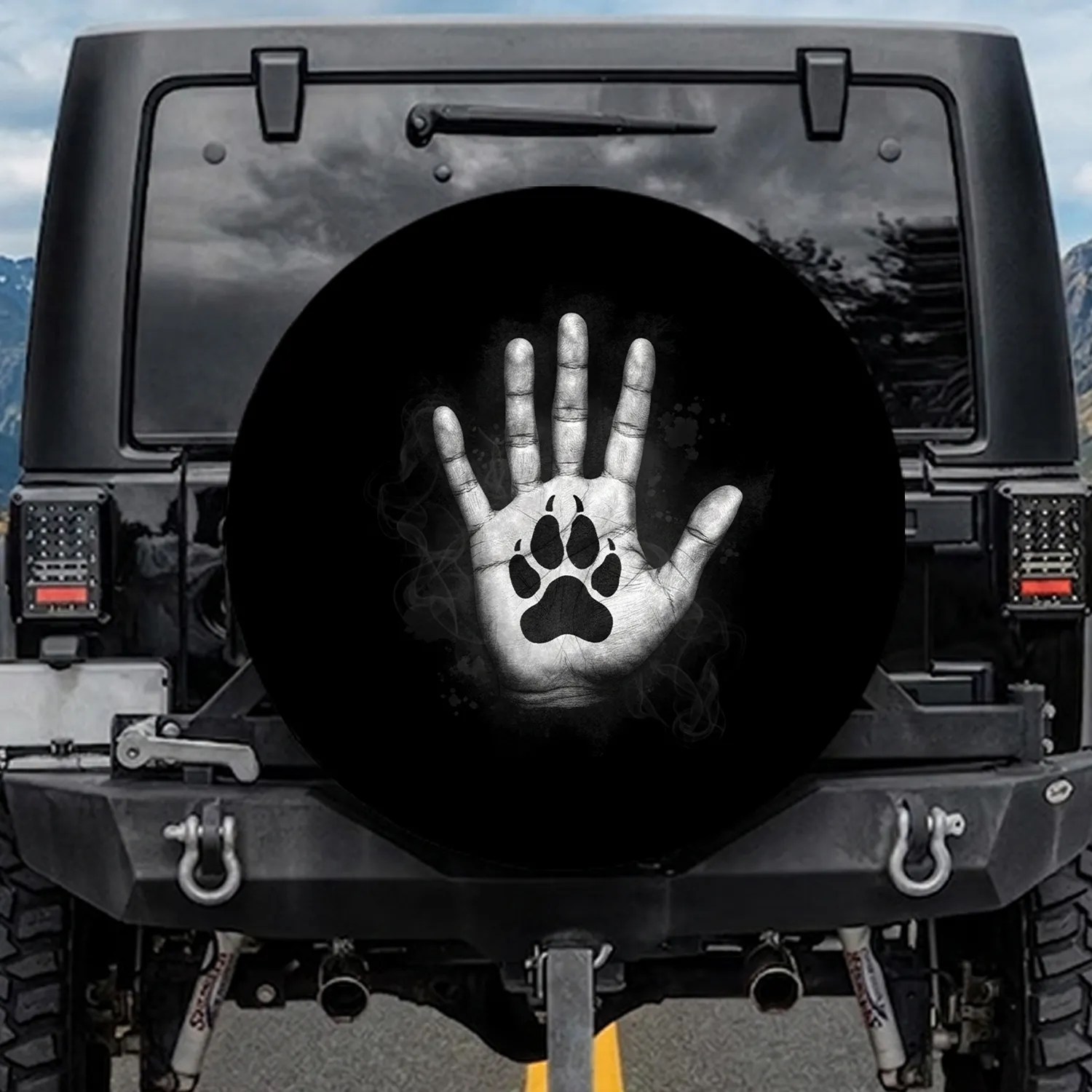 Human Handprint Animal Paw Print Overlap - Animal Lover Gift Spare Tire Cover - 1