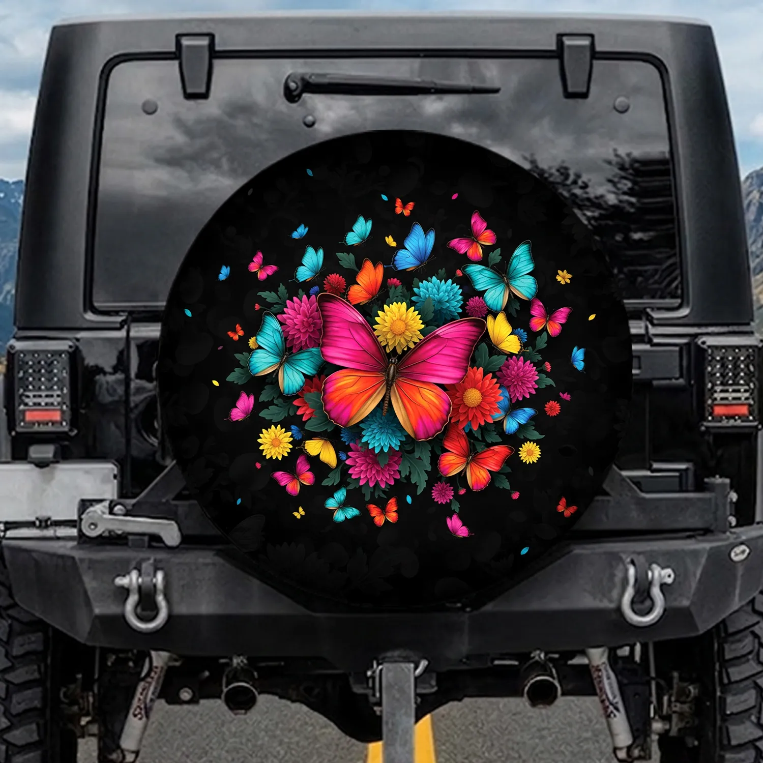 Vibrant Butterflies Chrysanthemums Daisies Foliage - Butterfly Lover Gift Spare Tire Cover - 1