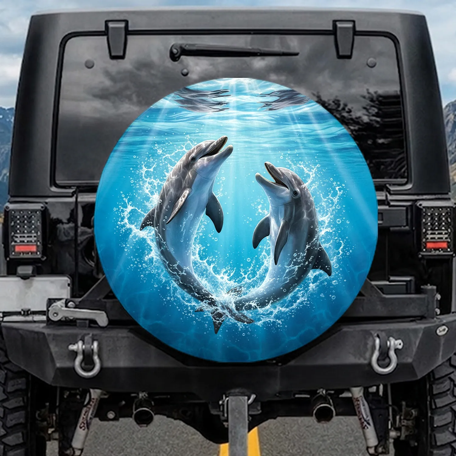 Bottlenose Dolphins Playful Ocean Water Caustics Scene - Underwater Wildlife Gift Spare Tire Cover - 1
