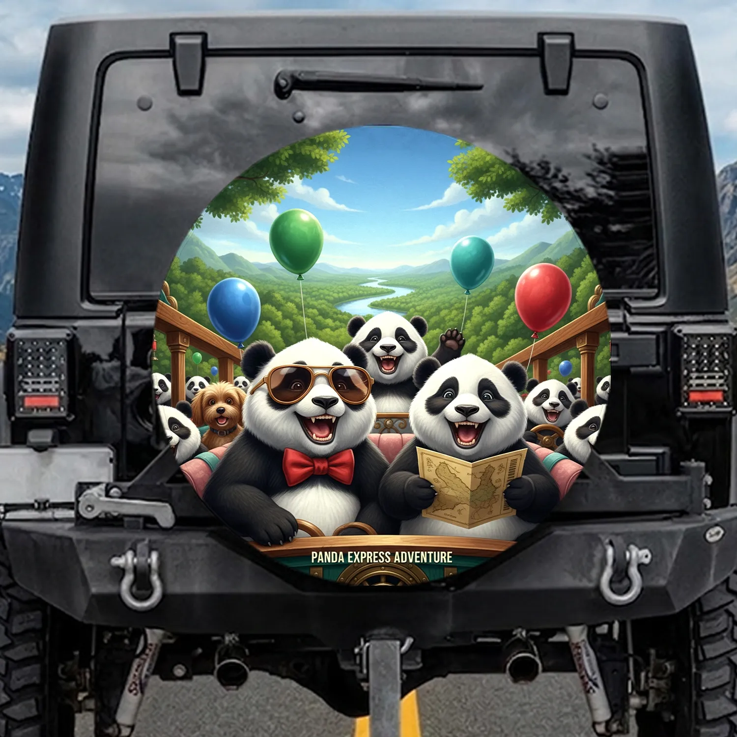 Pandas Driving Dog Balloons Landscape - Outdoor Adventure Gift for Panda Lover Spare Tire Cover - 1