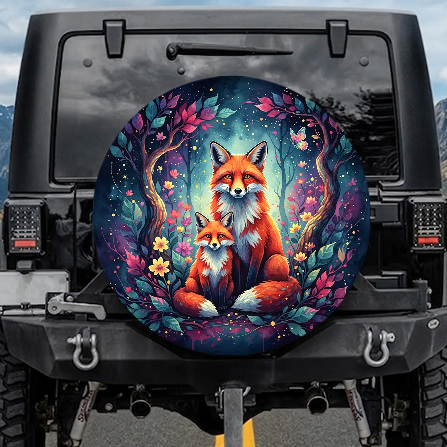 Foxes Glowing Forest Cosmos - Wildlife Lover Gift Spare Tire Cover - 1