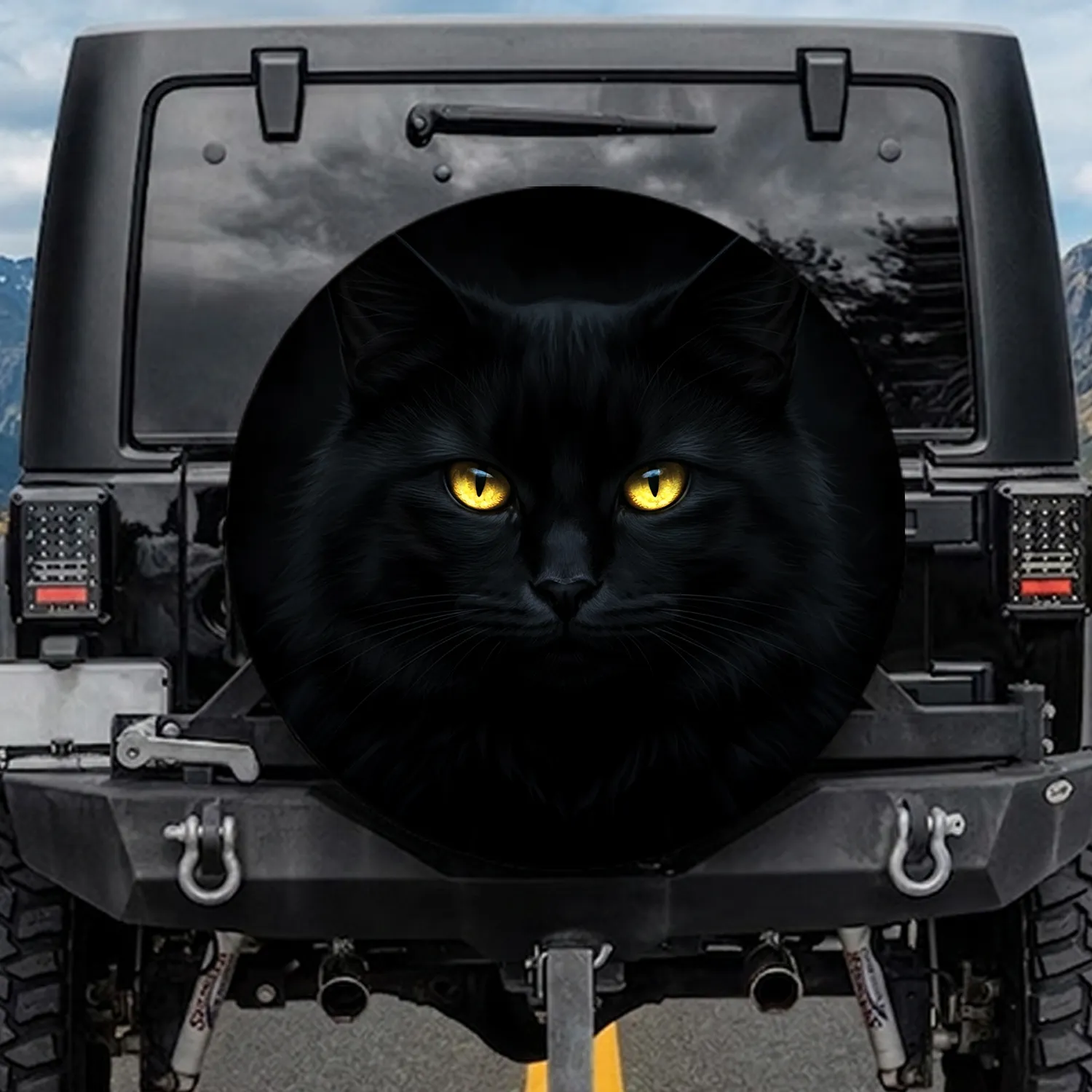 Black Cat Fur Golden Glowing Eyes - Cat Lover Travel Gift Spare Tire Cover - 1