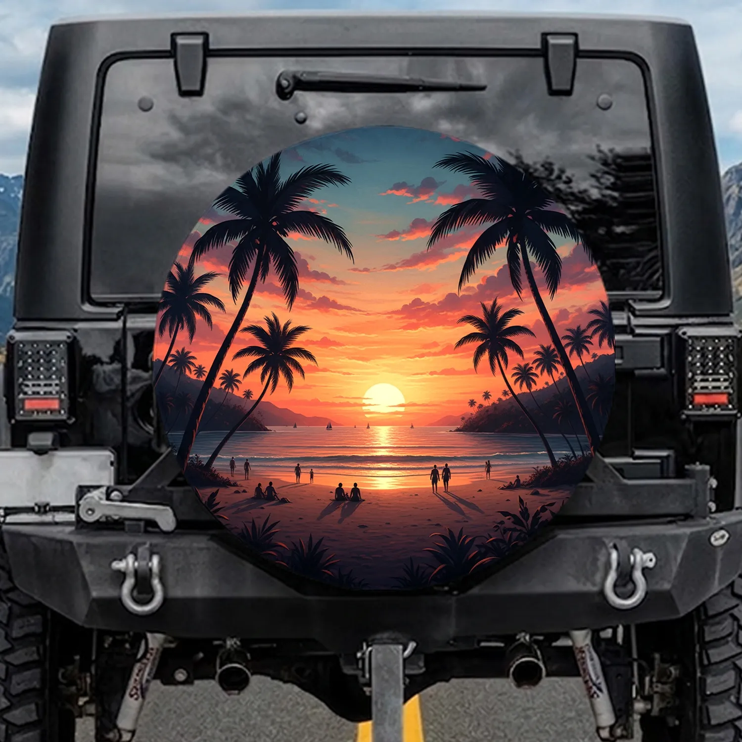 Tropical Sunset Beach Palm Trees Sailboats - Travel Essentials Gift Spare Tire Cover - 1