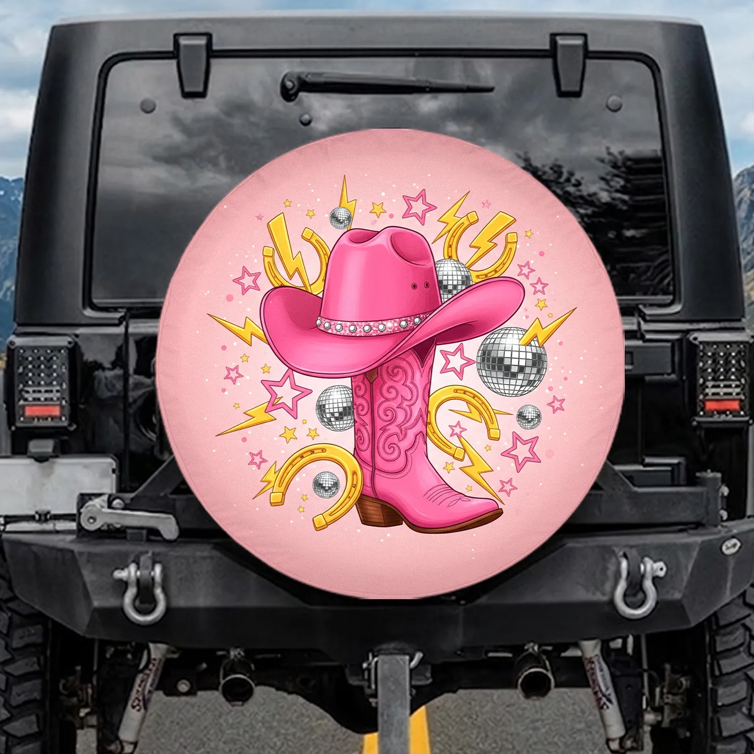Pink Cowboy Hat Boot Gold Horseshoe Disco Ball - Glamorous Cowgirl Decor Gift Spare Tire Cover - 1