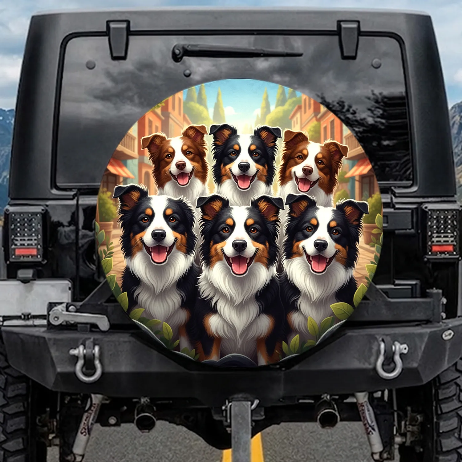 Engaging Border Collies Street Scene - Dog Lover Gift Spare Tire Cover - 1
