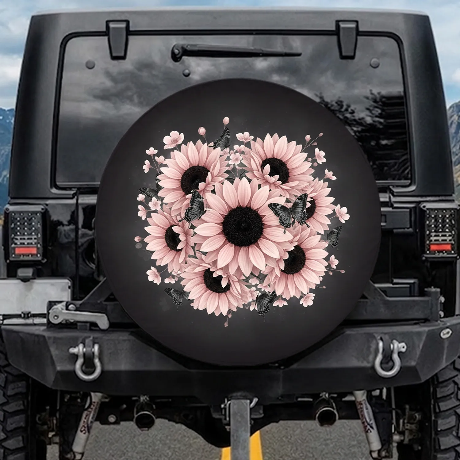 Blush Pink Sunflowers Grey Silver Butterflies Floral - Garden Lover Home Decor Gift Spare Tire Cover - 1
