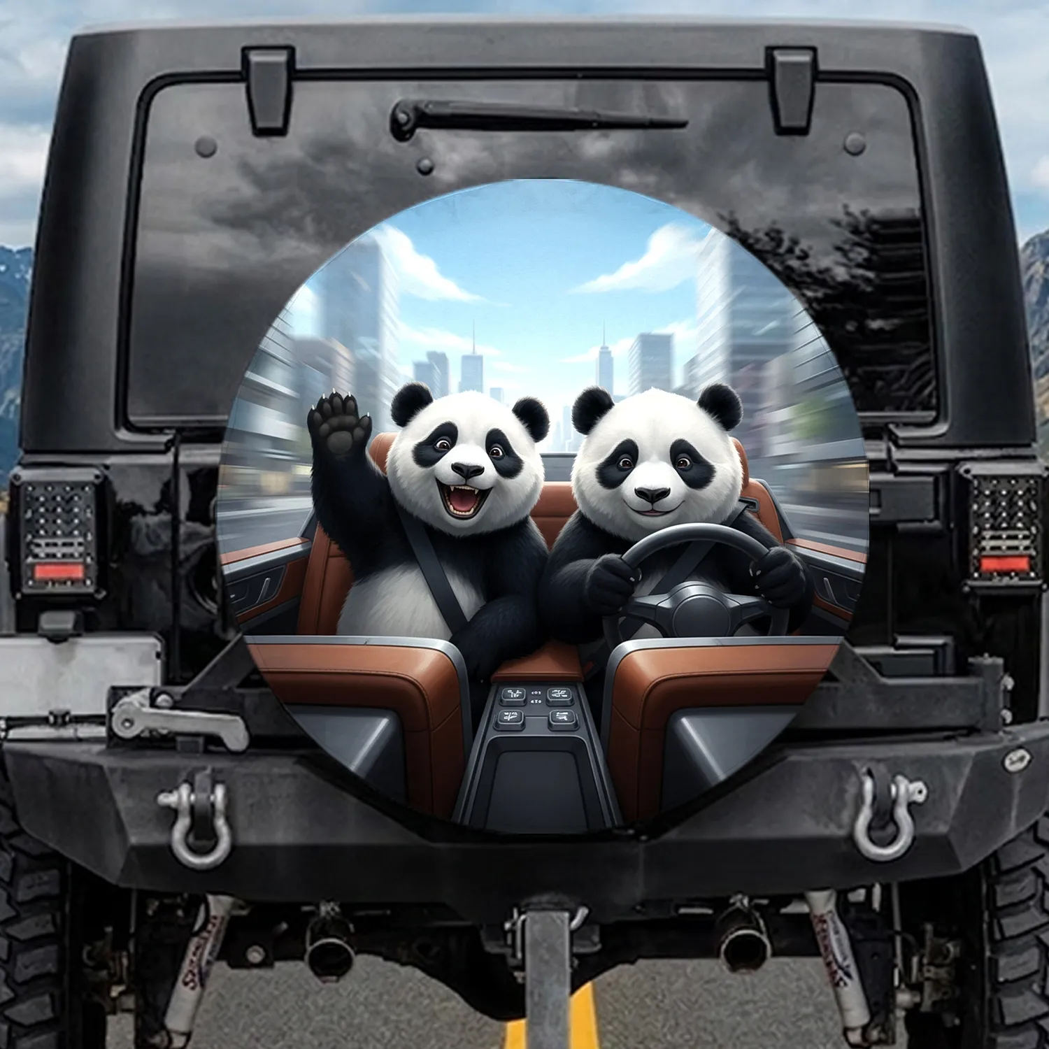 Panda Bears Driving Urban City - Wildlife Lover Travel Gift Spare Tire Cover - 1