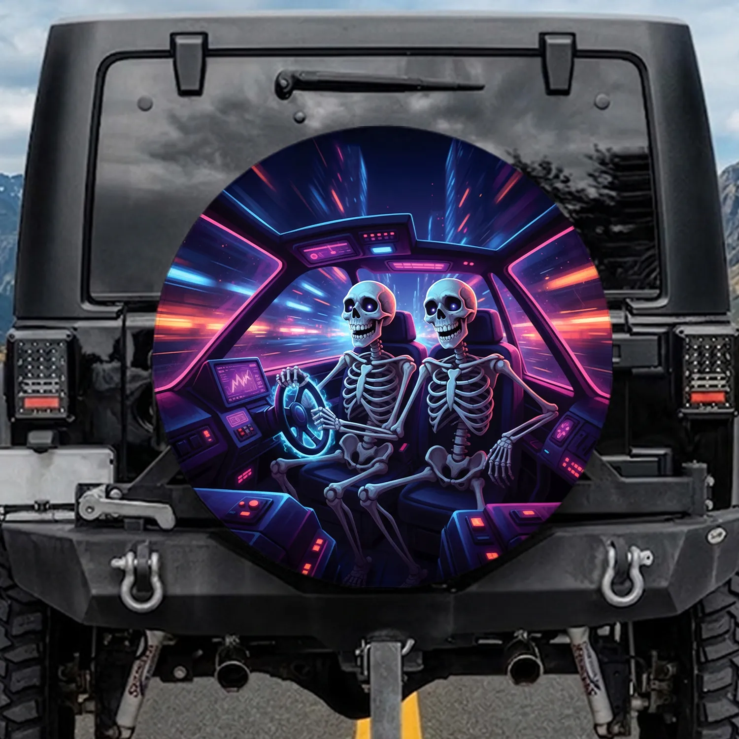 Grinning Skeletons Driving Futuristic Car City Night - Automotive Lover Gift Spare Tire Cover - 1