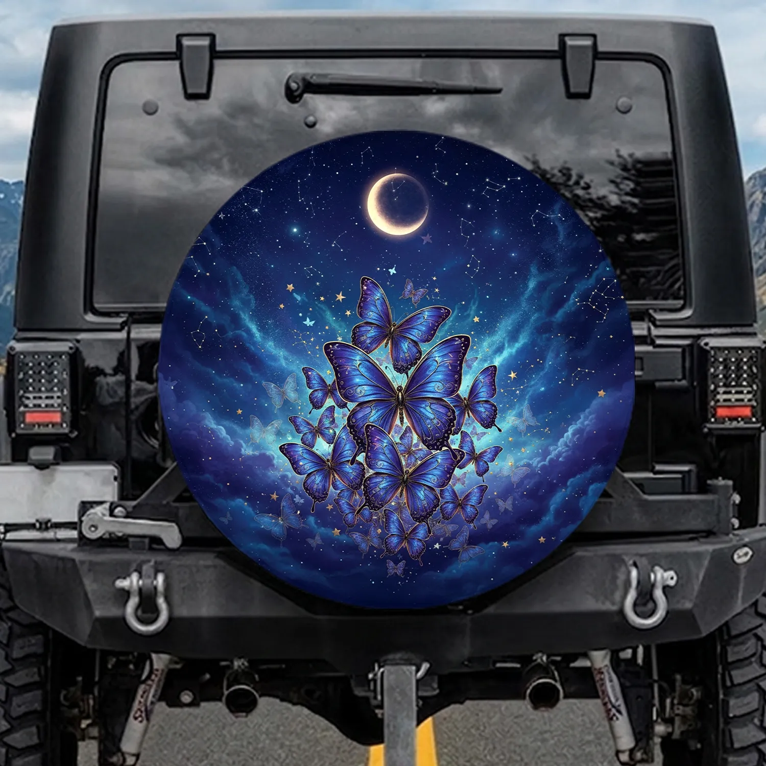 Butterflies Crescent Moon Cosmic Sky - Celestial Home Decor Gift for Star Gazer Spare Tire Cover - 1