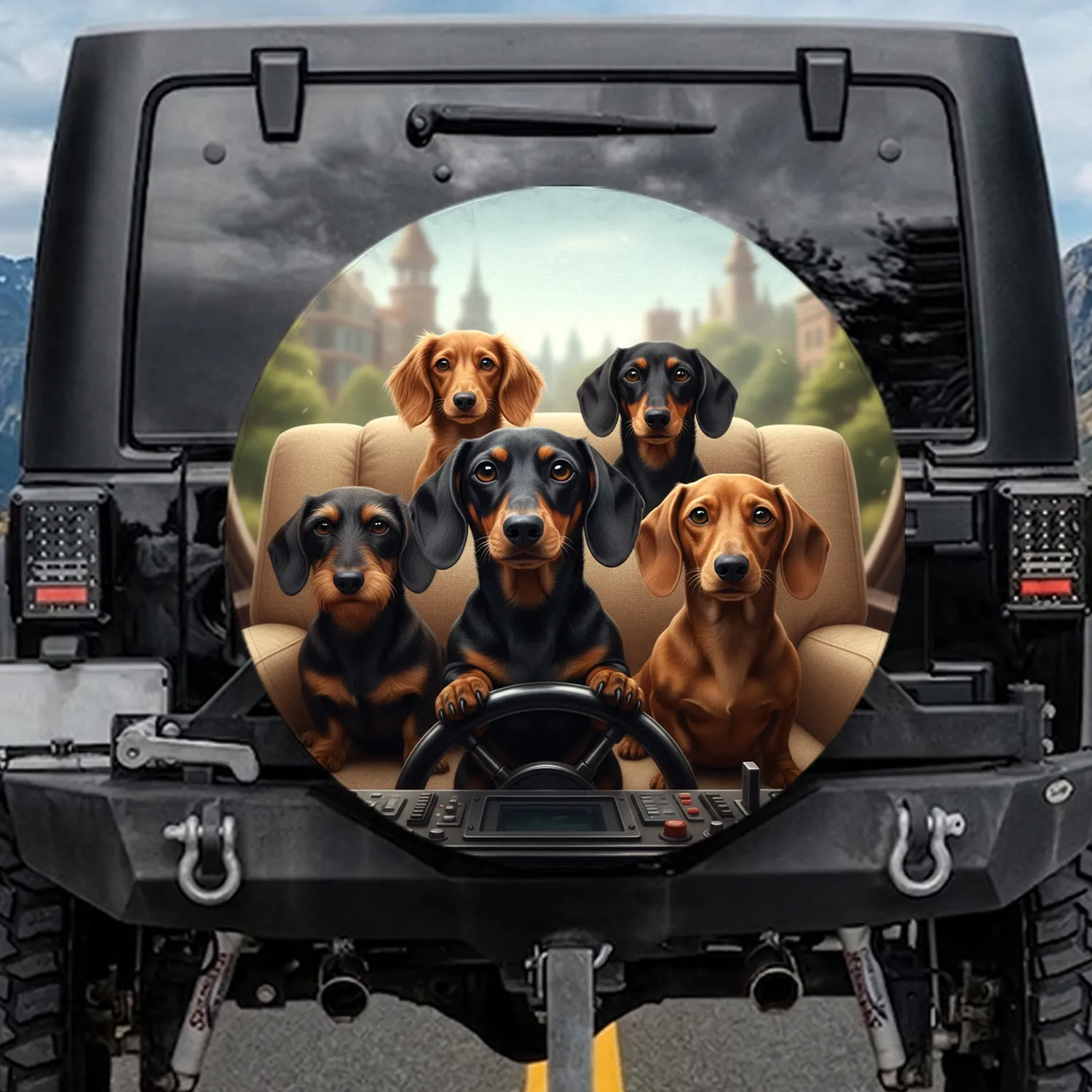 Black Tan Red Dachshunds Group Adventure Journey - Dog Lover Travel Lifestyle Gift Spare Tire Cover - 1