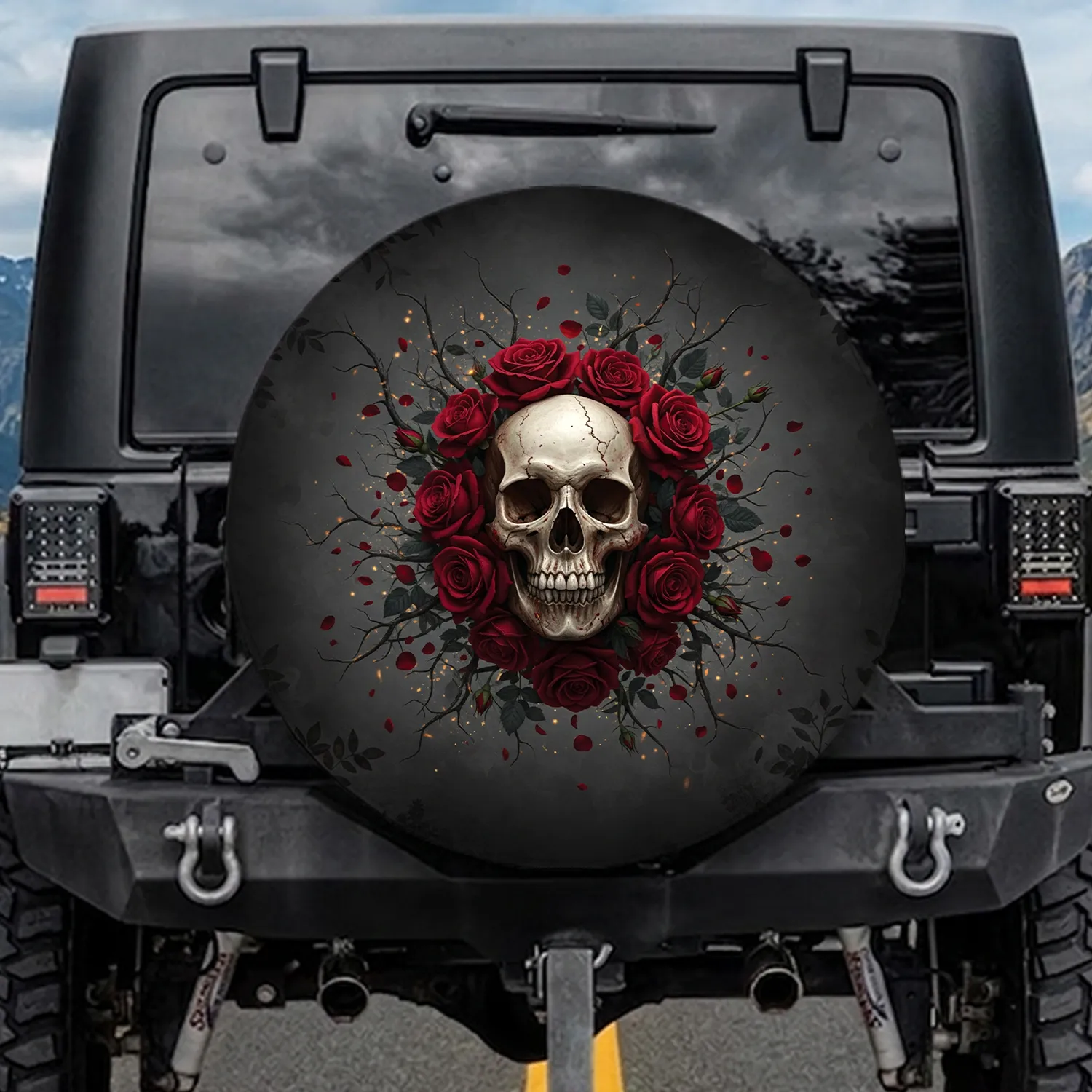 Weathered Skull Crimson Roses Thorny Gothic Foliage - Gothic Home Decor Gift Spare Tire Cover - 1