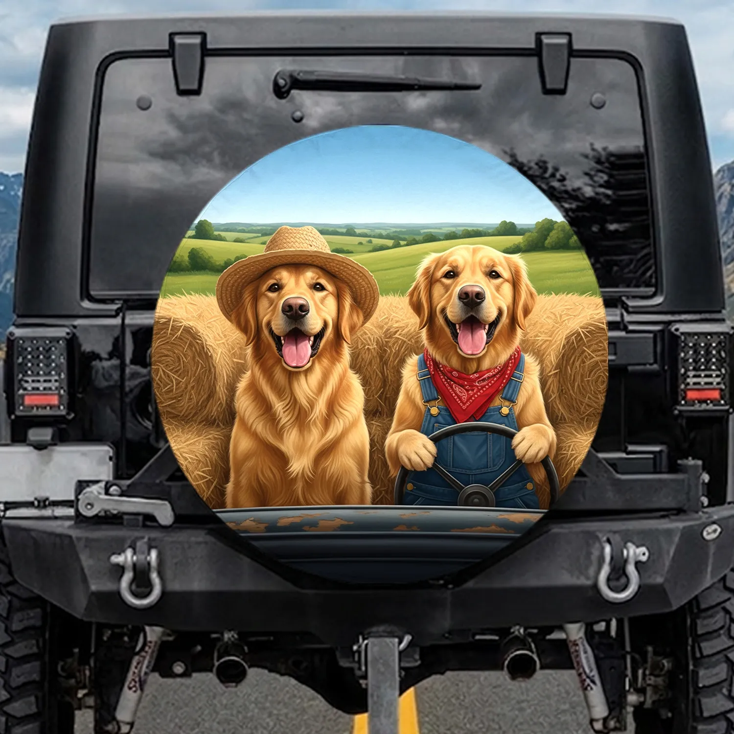 Golden Retriever Dogs Straw Hat Overalls Hay - Farmhouse Decor Gift for Dog Lovers Spare Tire Cover - 1