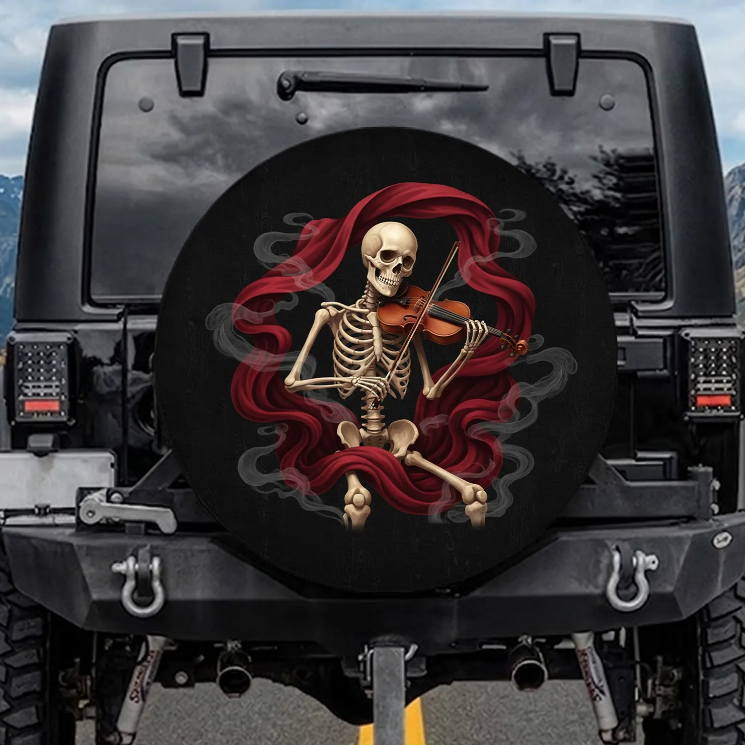Aged Skeleton Violinist Crimson Fabric Drapes - Dramatic Travel Accessory For Cars Spare Tire Cover - 1