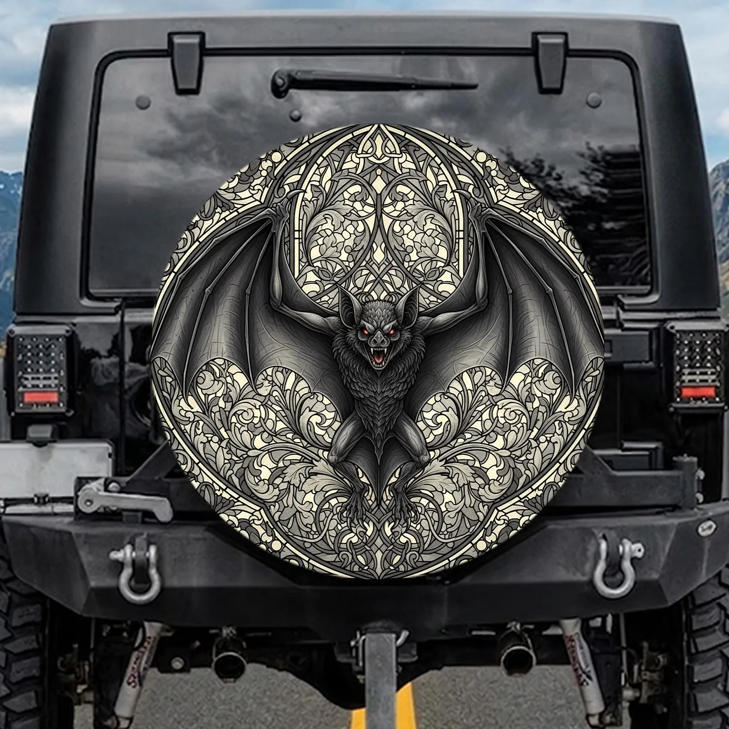 Large Menacing Bat Stained Glass Gothic Floral Filigree - Gothic Wildlife Lover Gift Spare Tire Cover - 1