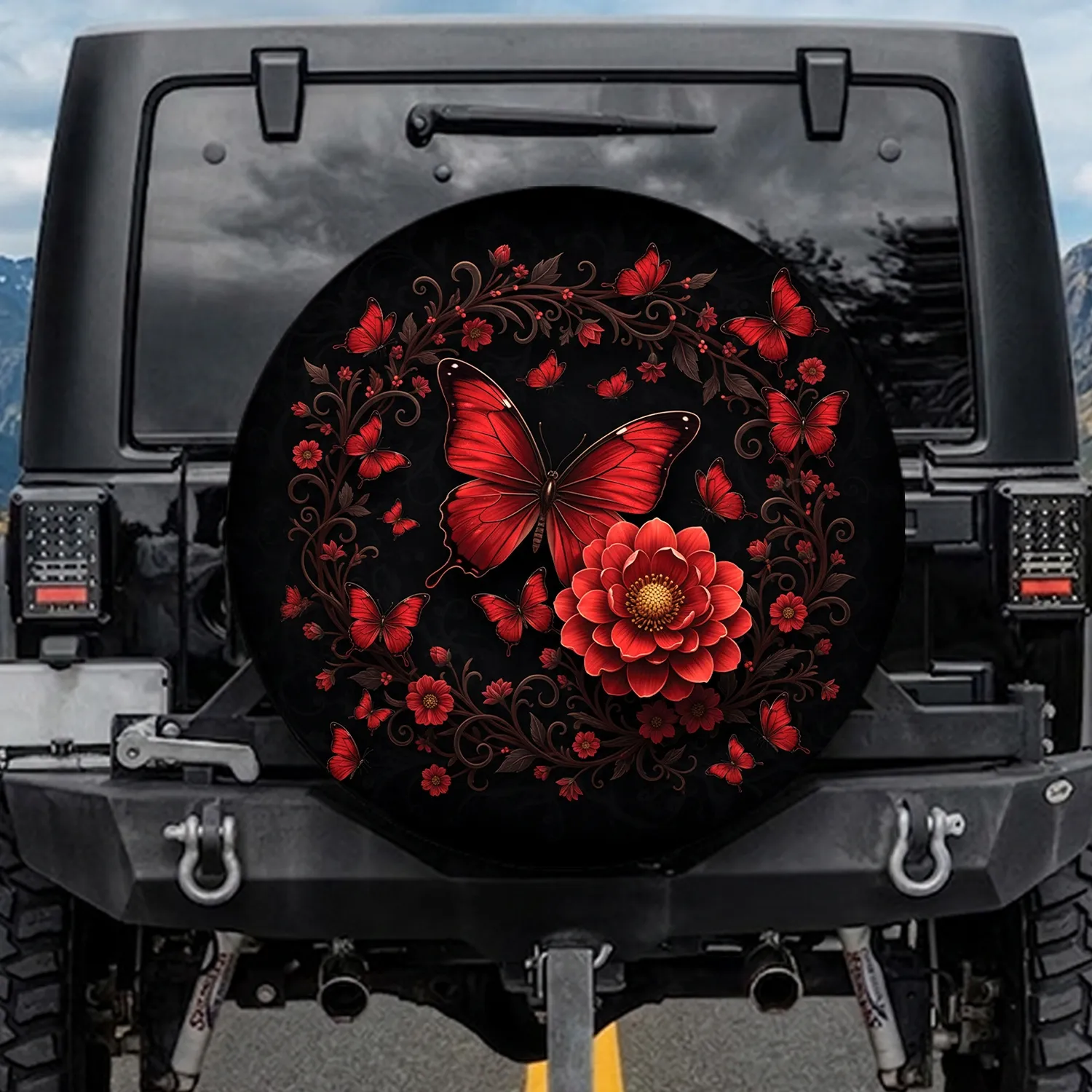 Red Butterfly Red Flower Gold Botanical Vines Smaller Butterflies - Wildlife Lover Gift Spare Tire Cover - 1