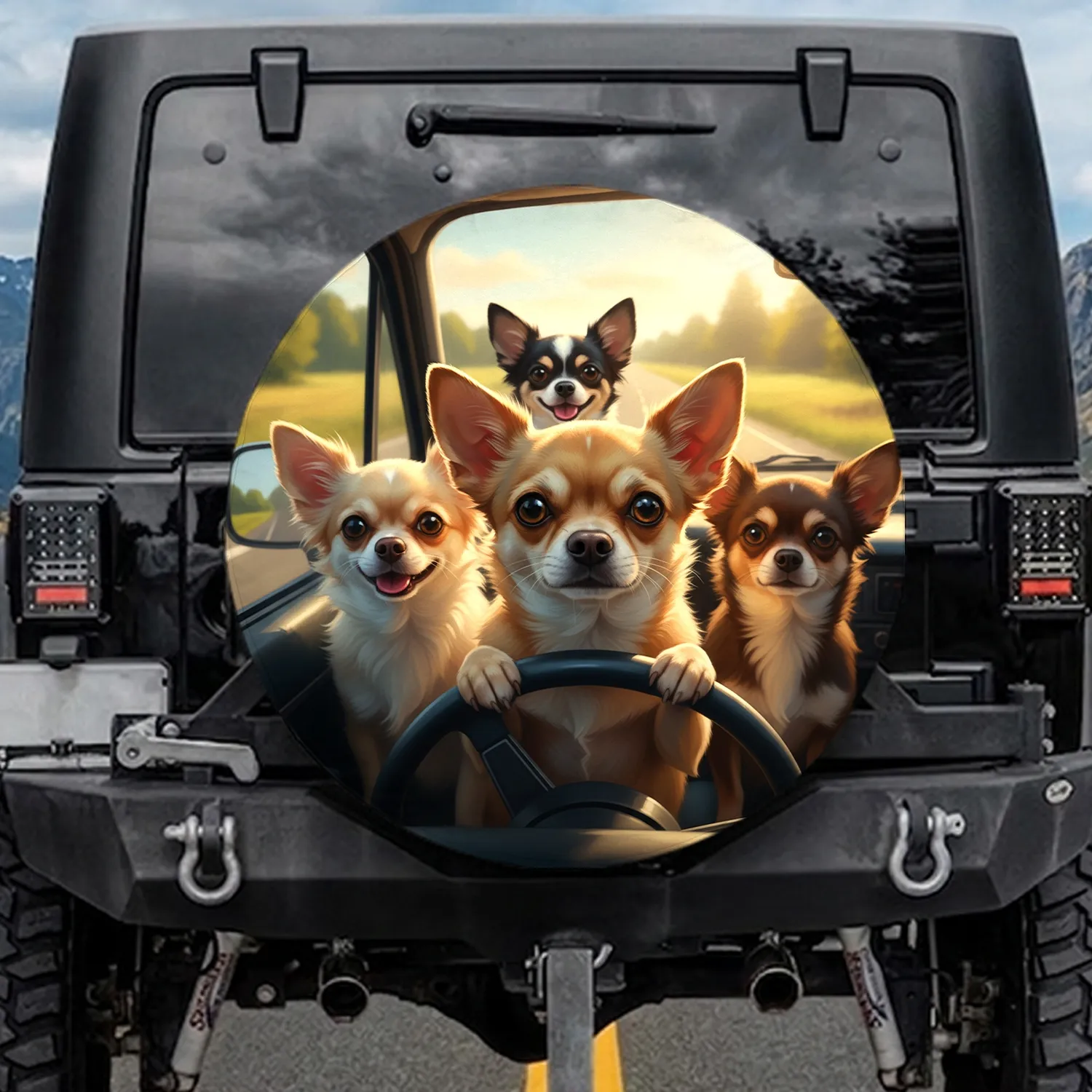 Four Chihuahua Dogs Driving Car – Road Trip Travel Essentials Gift for Dog Lovers Spare Tire Cover - 1
