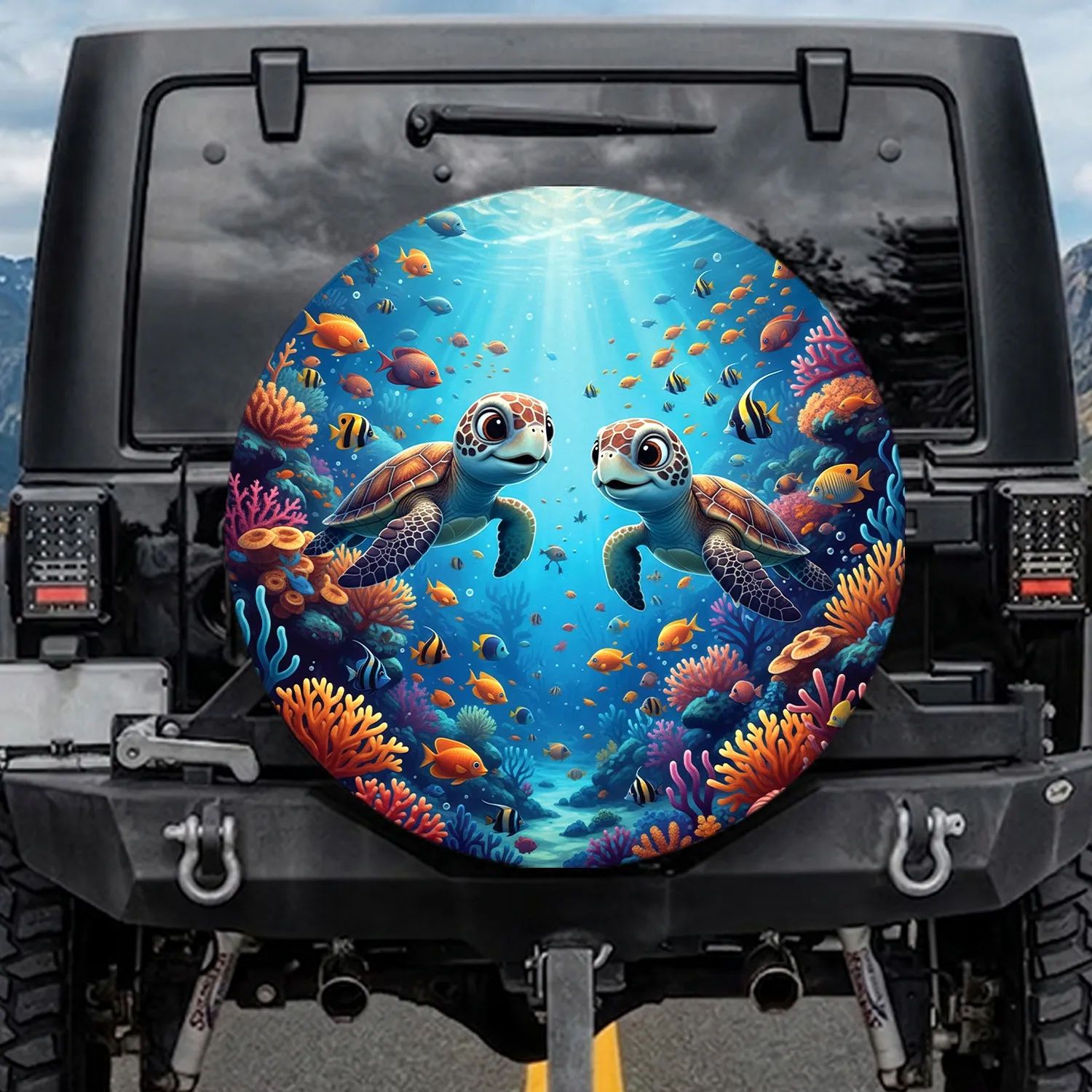 Smiling Baby Sea Turtles Tropical Fish Coral Reef - Ocean Life Decor Gift for Sea Turtle Lovers Spare Tire Cover - 1