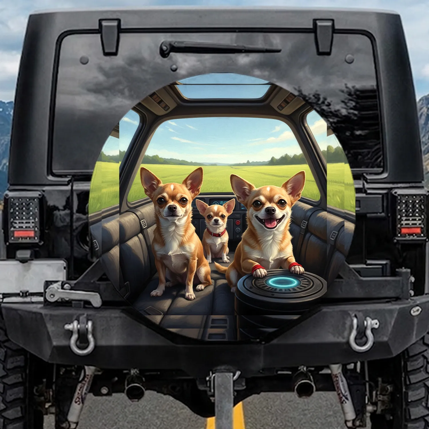 Four Chihuahua Dogs Smiling Control Panel Road Trip - Dog Lover Travel Gift Spare Tire Cover - 1