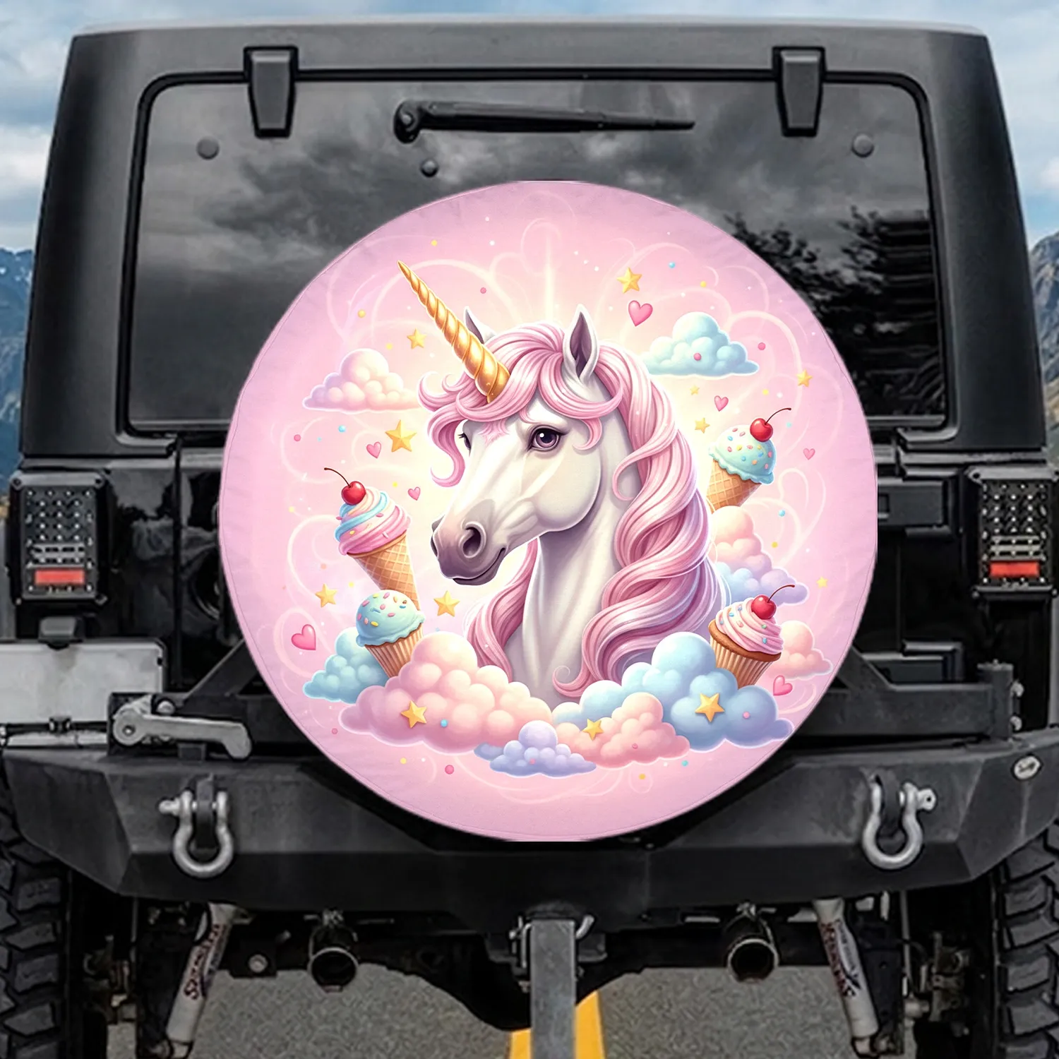 White Unicorn Golden Horn Pastel Clouds Ice Cream Cupcakes - Unicorn Lover Gift Spare Tire Cover - 1