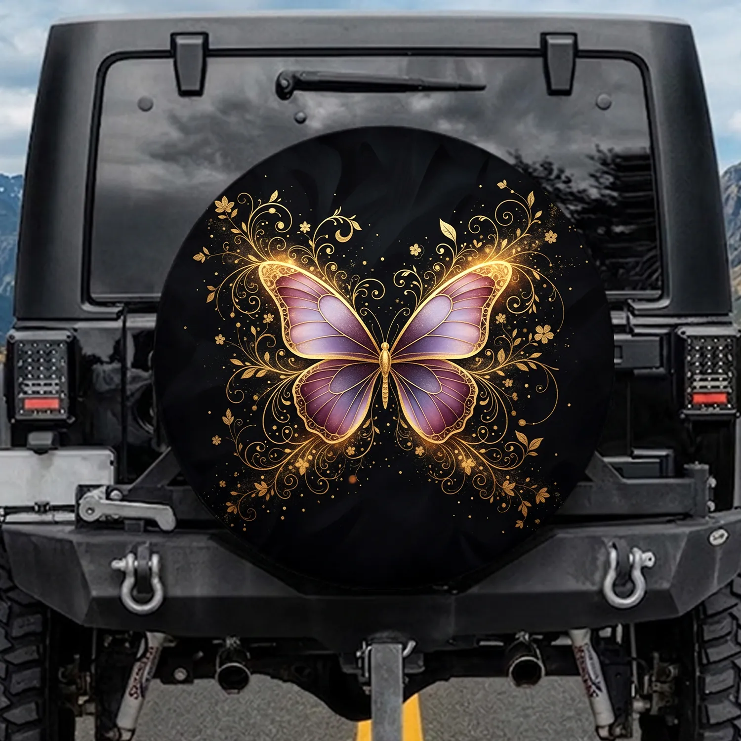 Butterfly Golden Filigree Vines Celestial Dust Floral - Home Decor Gift Spare Tire Cover - 1