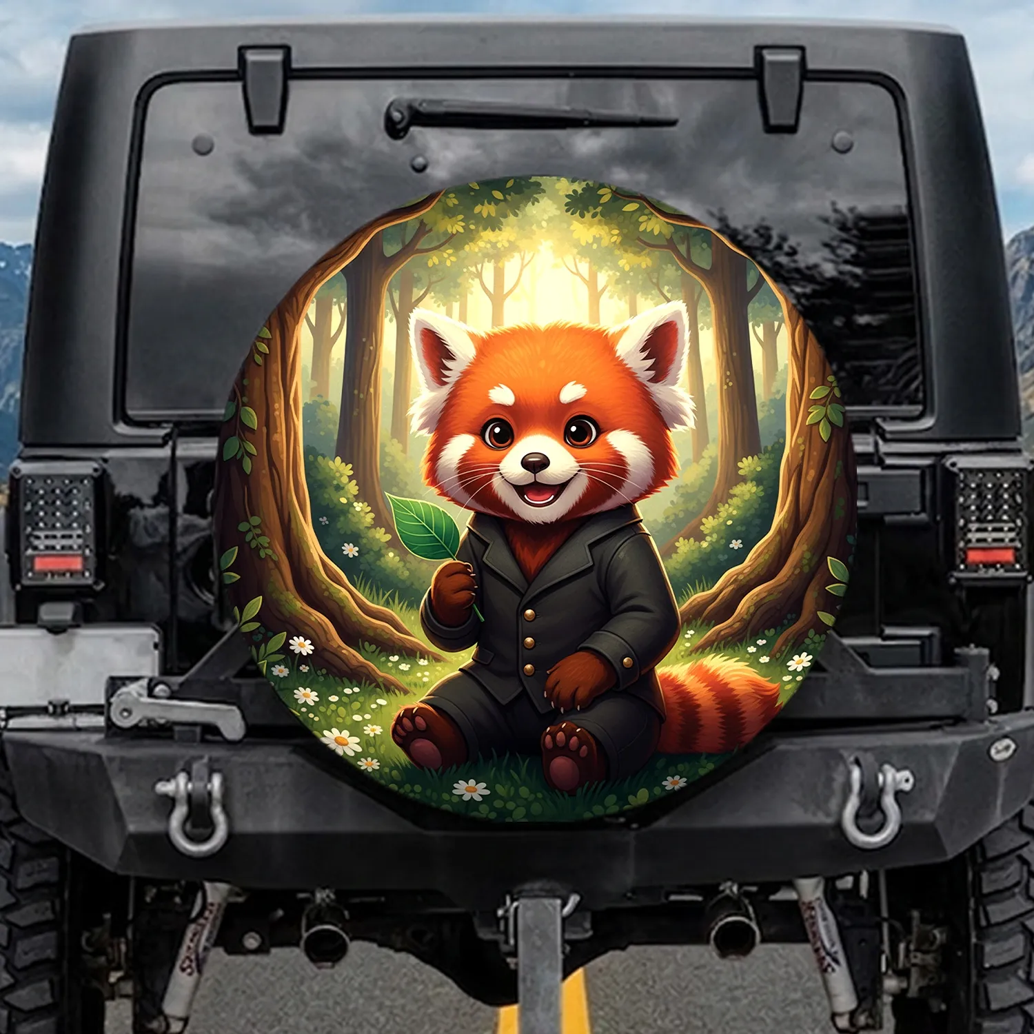 Red Panda Leaf Forest Tree Roots Daisies - Wildlife Lover Gift Spare Tire Cover - 1