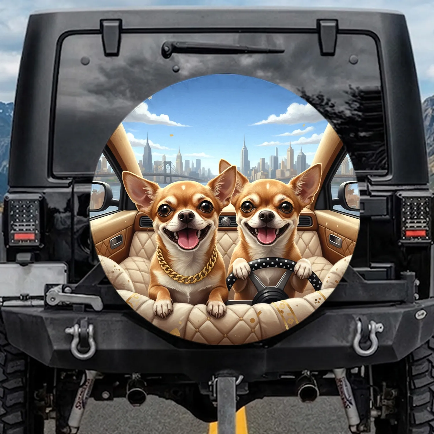 Overjoyed Chihuahua Dogs Gold Chain Driving Cityscape - Pet Lover Travel Gift Spare Tire Cover - 1