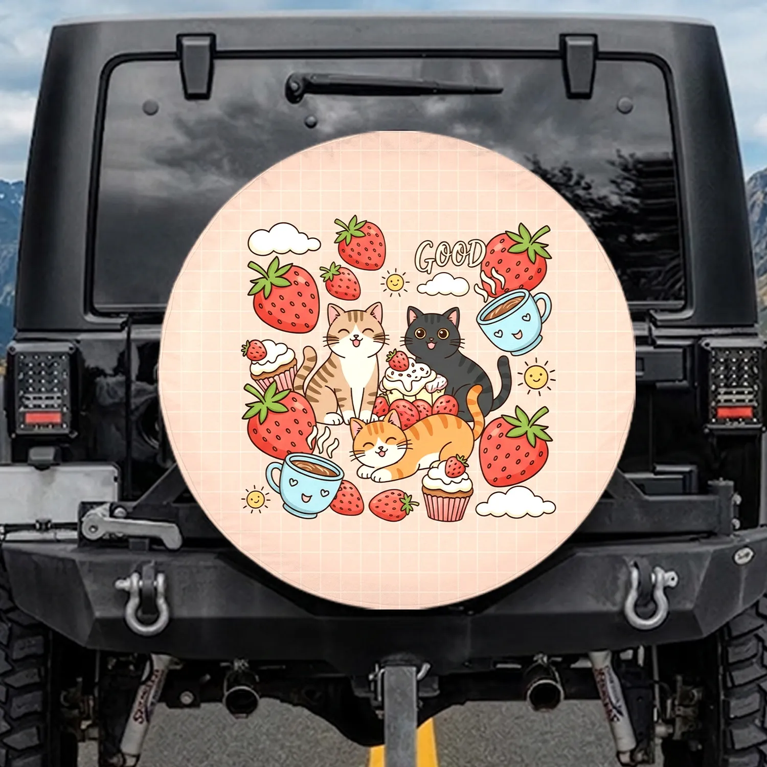 Playful Cartoon Cats Strawberries Coffee Cupcakes - Cat Lover Gift Spare Tire Cover - 1
