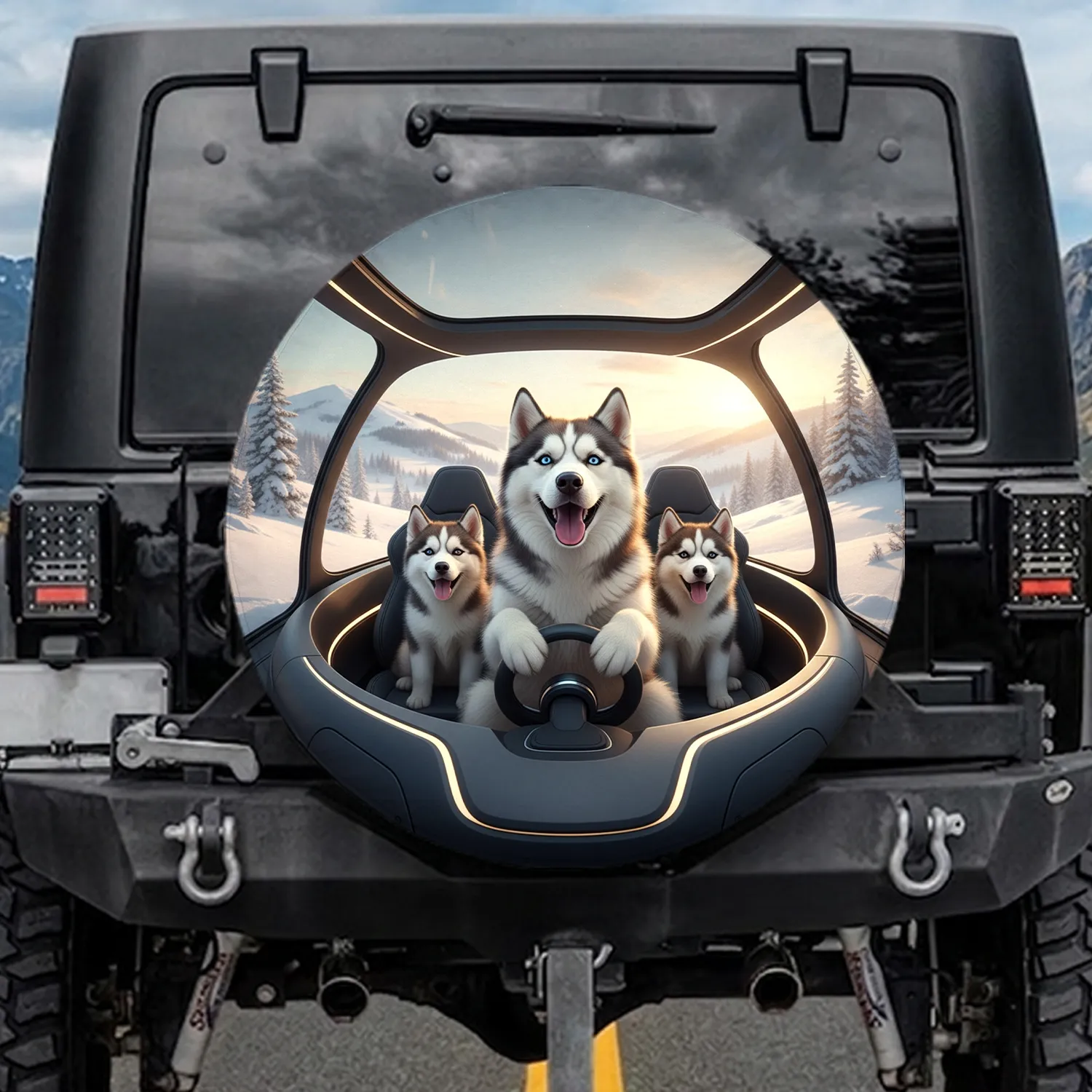 Siberian Huskies Driver Winter Landscape - Dog Lover Gift for Pet Owners Spare Tire Cover - 1