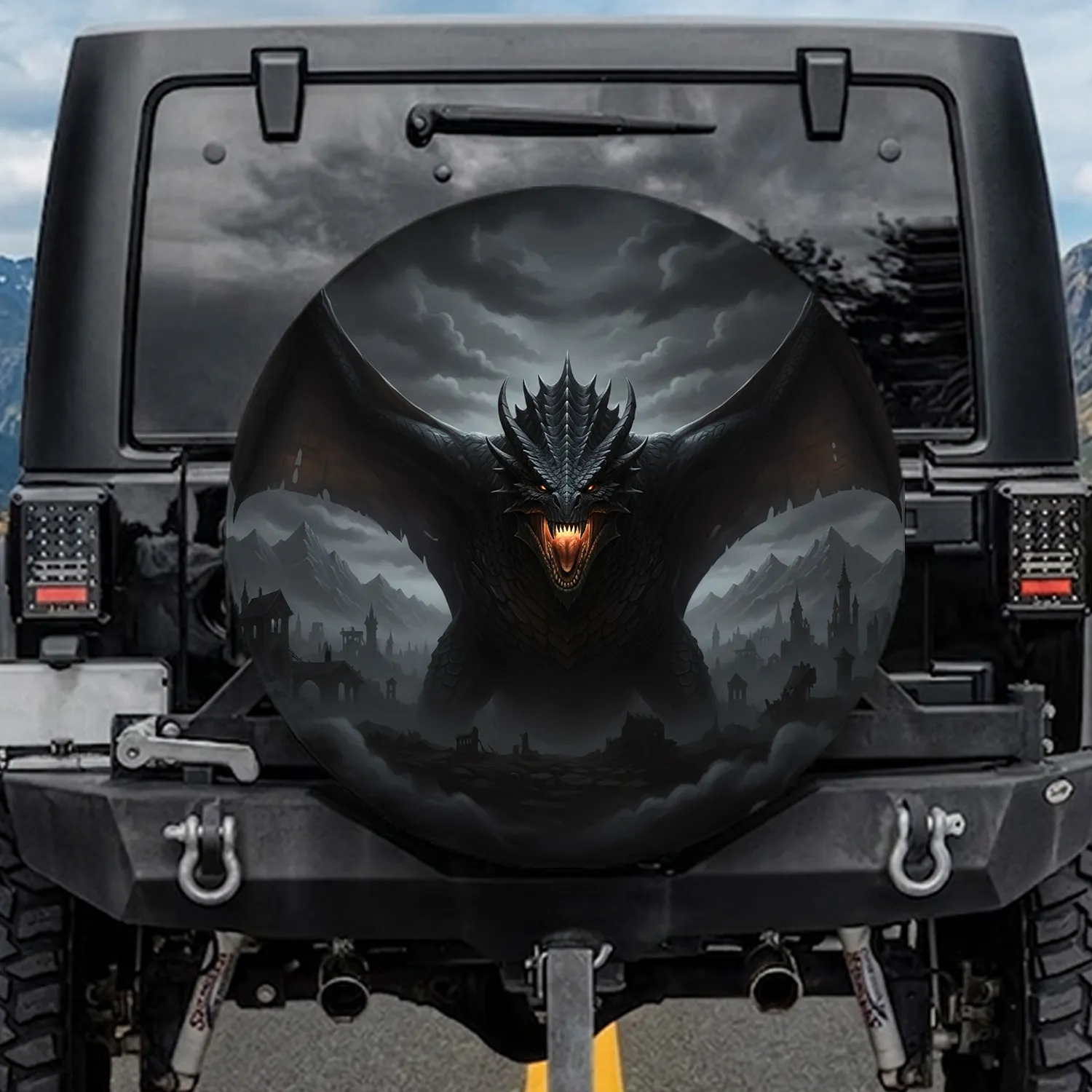 Fiery Roaring Dragon Head Wings Gothic Ruins - Fantasy Lover Gift Spare Tire Cover - 1