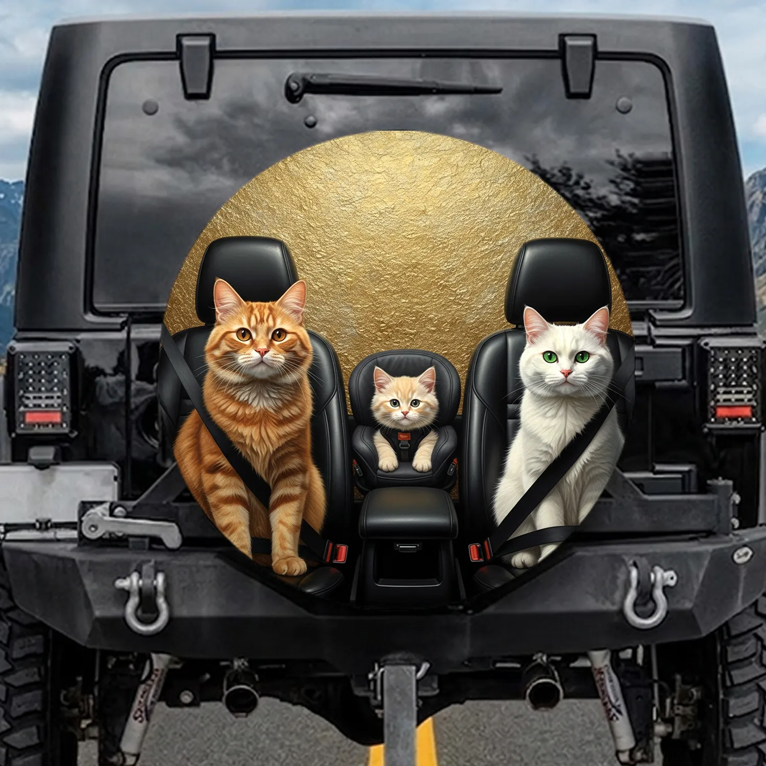 Fluffy Ginger White Cream Cats Buckled In Seats - Cat Lover Auto Gift Spare Tire Cover - 1
