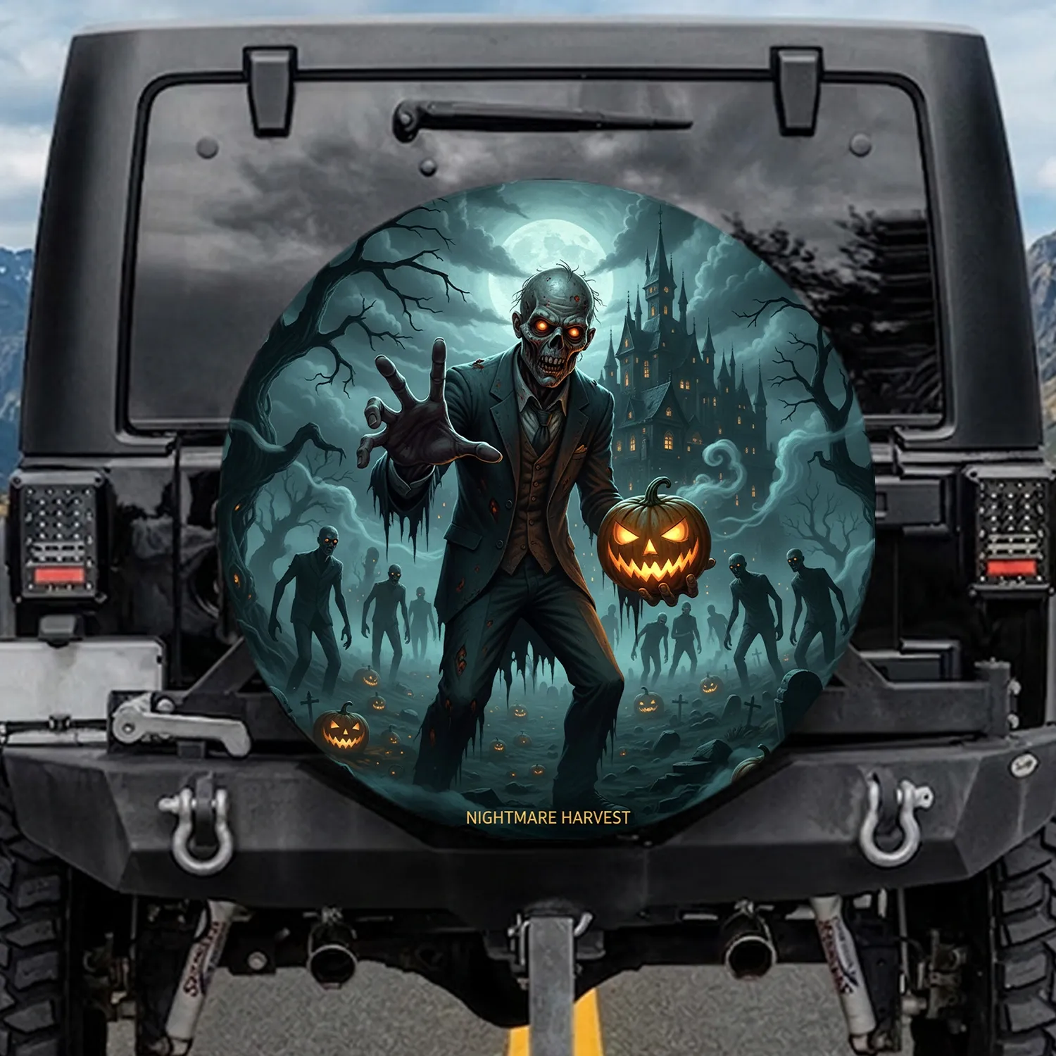 Menacing Zombie Jack-o'-Lantern Haunted Castle Moonlit Sky - Halloween Party Horror Gift Spare Tire Cover - 1
