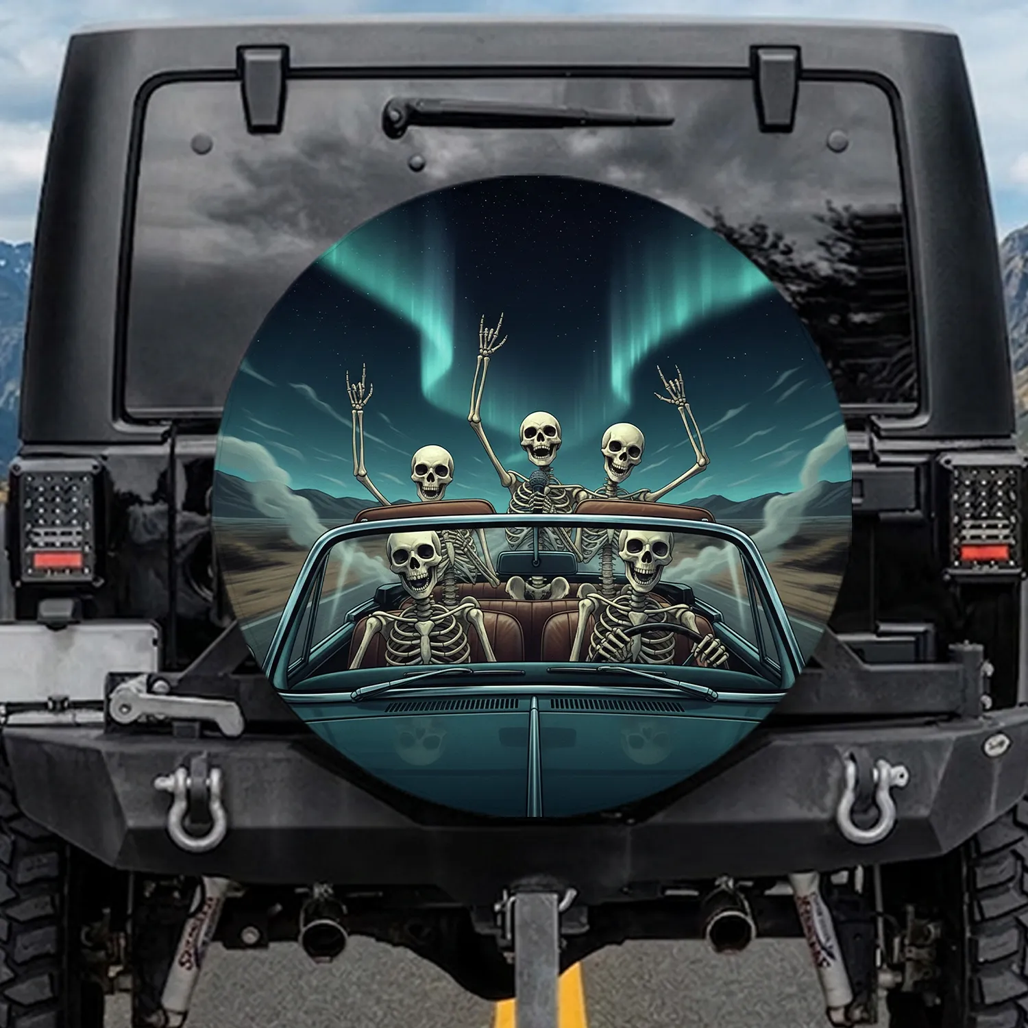 Grinning Skeletons Vintage Convertible Car - Halloween Road Trip Decoration Spare Tire Cover - 1
