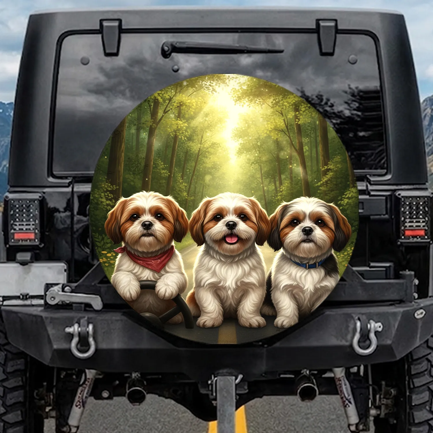 Shih Tzu Dogs Road Trip Adventure - Travel Essentials for Dog Owners Spare Tire Cover - 1