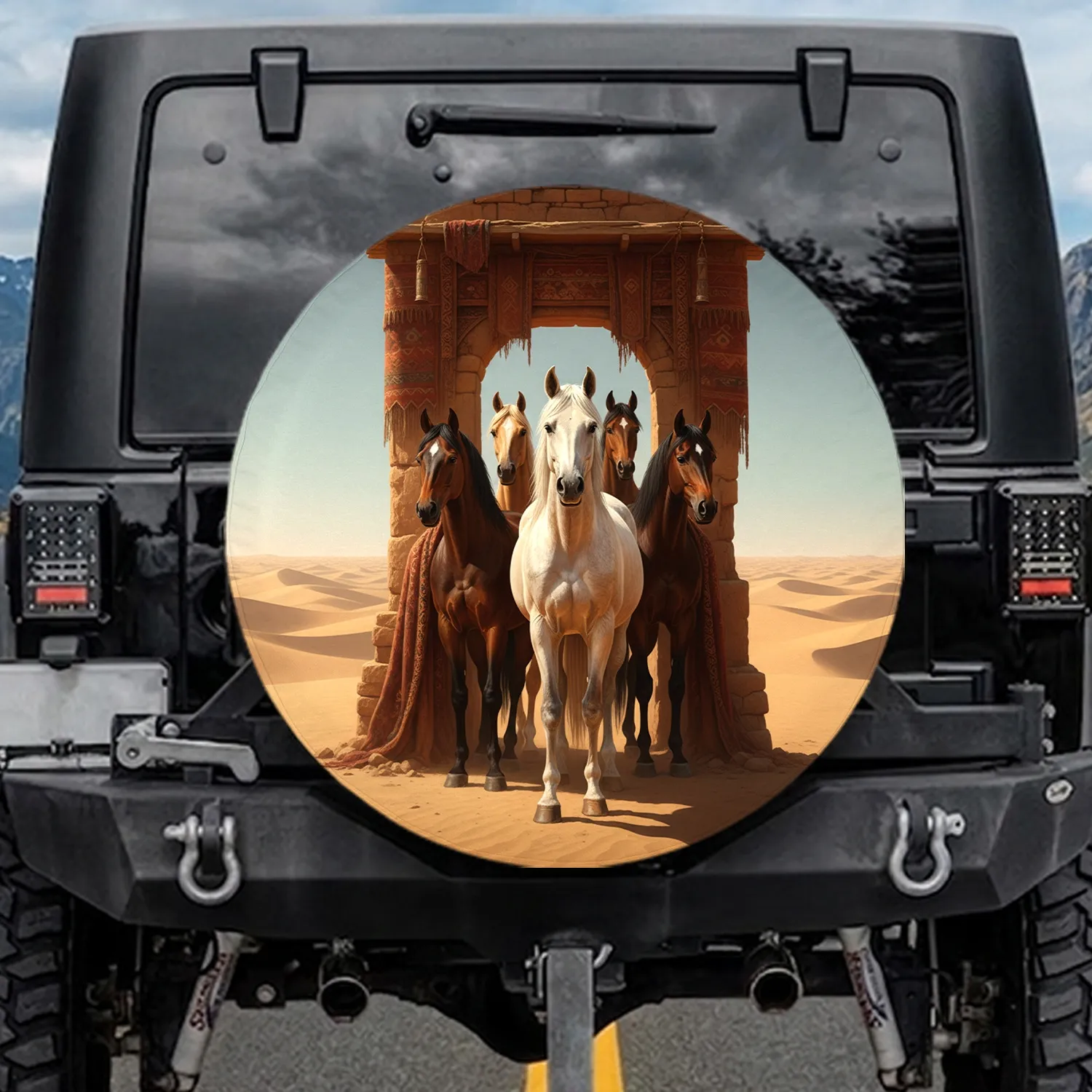 Desert Horse Group Panoramic Dunes - Horse Lover Gift Spare Tire Cover - 1