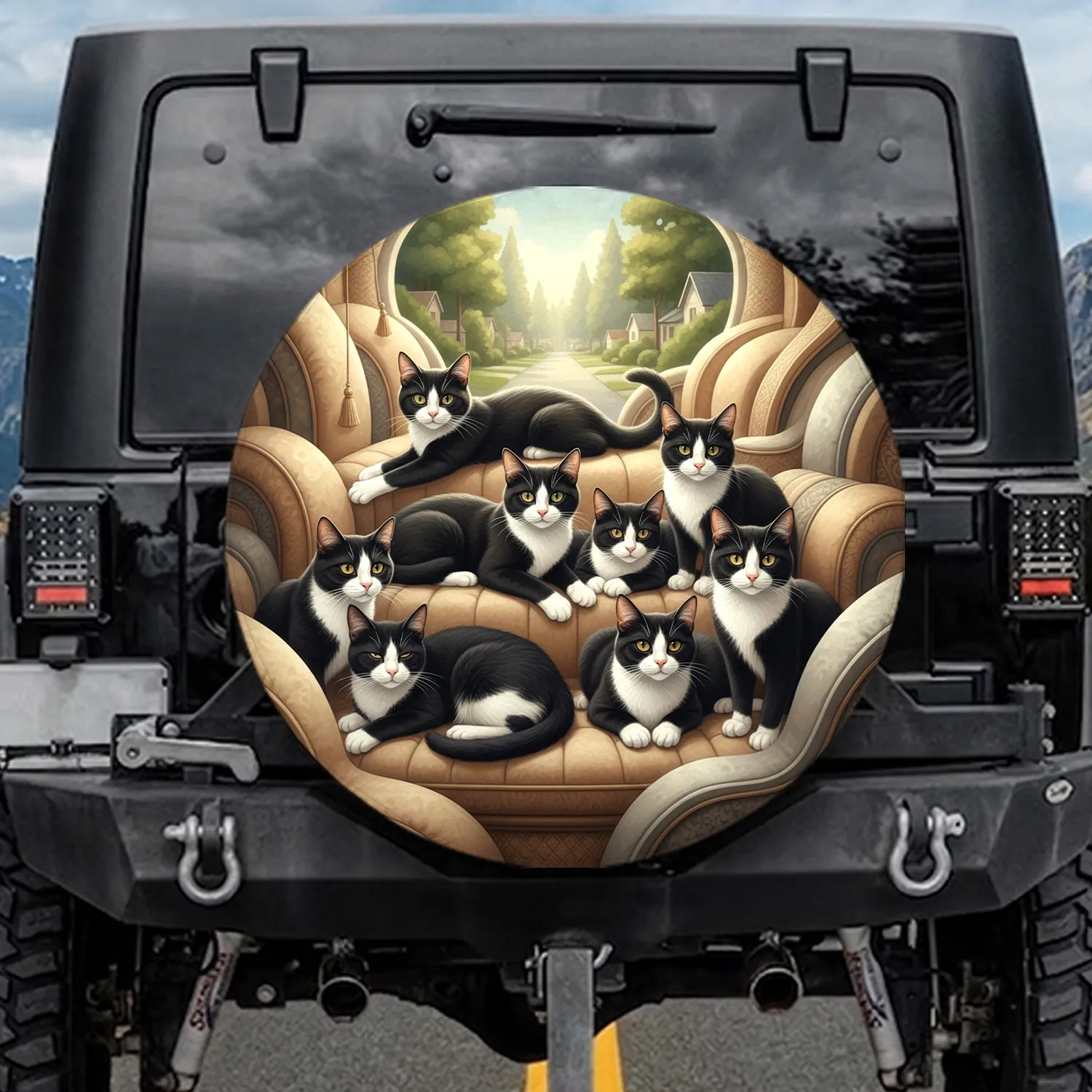 Tuxedo Cats Plush Setting Suburban Street - Home Decor Gift for Cat Lovers Spare Tire Cover - 1