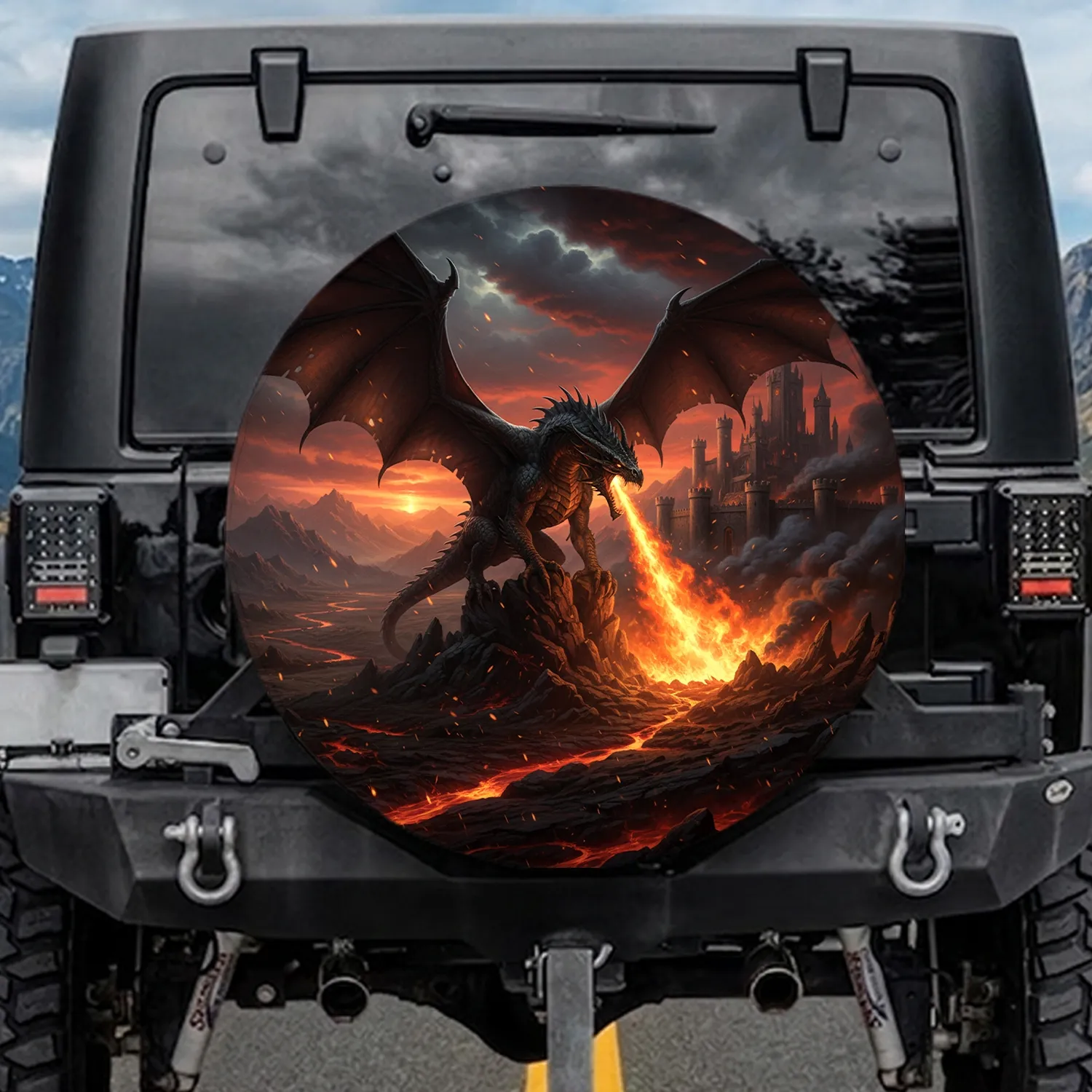 Black Dragon Roaring Fire Volcano Castle - Dark Fantasy Decor for Fantasy Lover Spare Tire Cover - 1