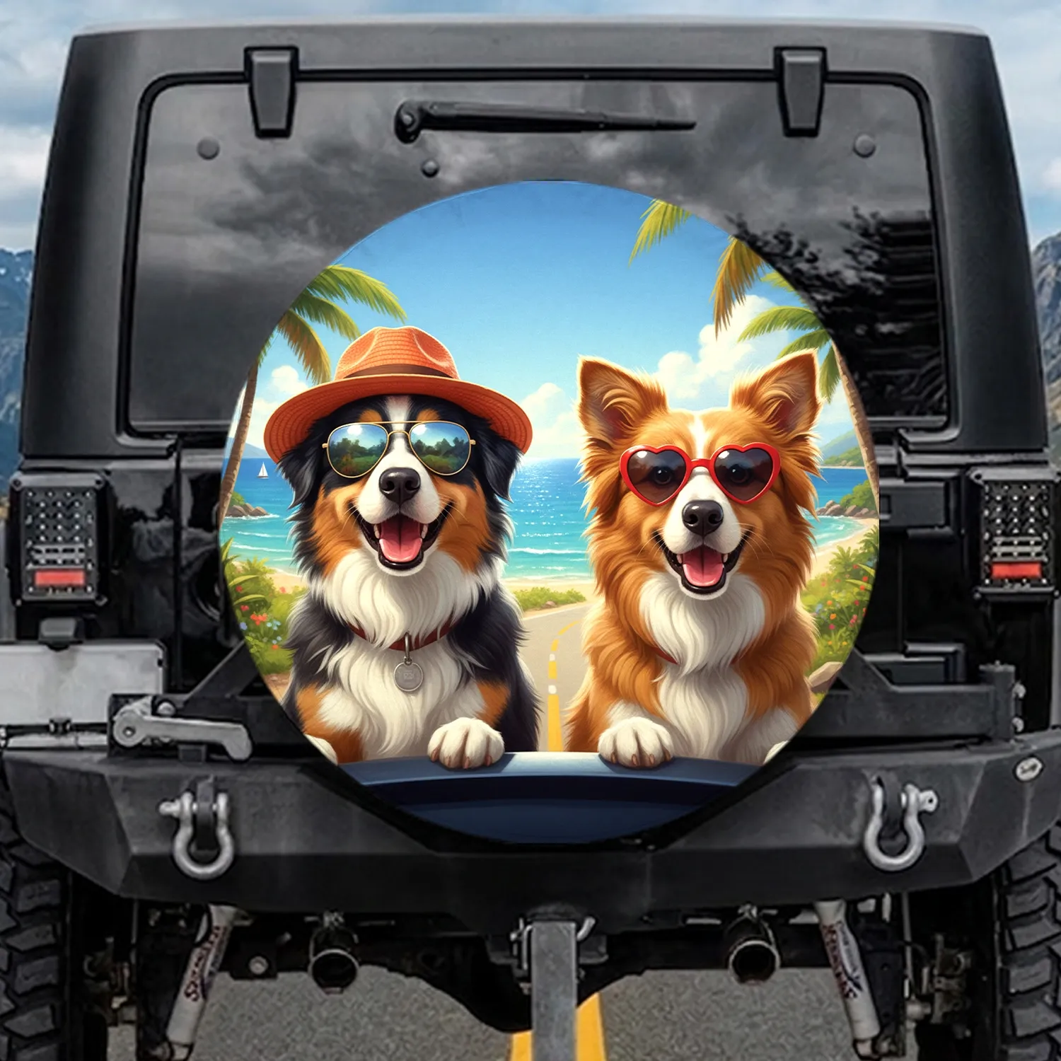 Dogs in Sunglasses Tropical Coastal Highway - Road Trip Traveler Gift Spare Tire Cover - 1