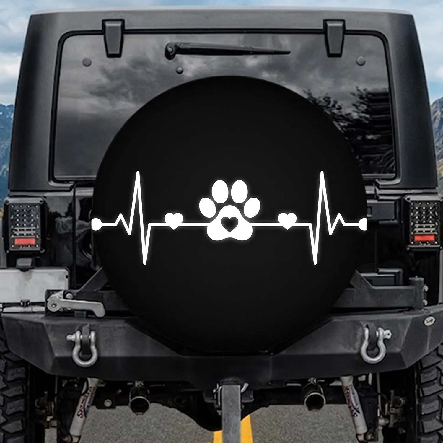 White Paw Print Heartbeat Hearts - Pet Lover Gift for Animal Owner Spare Tire Cover - 1