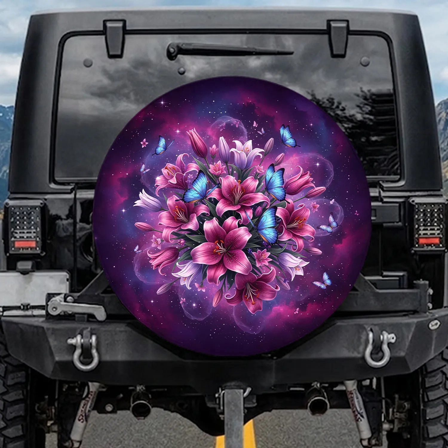 Iridescent Butterflies Lilies Cosmic Twilight - Nature Lover Gift Spare Tire Cover - 1