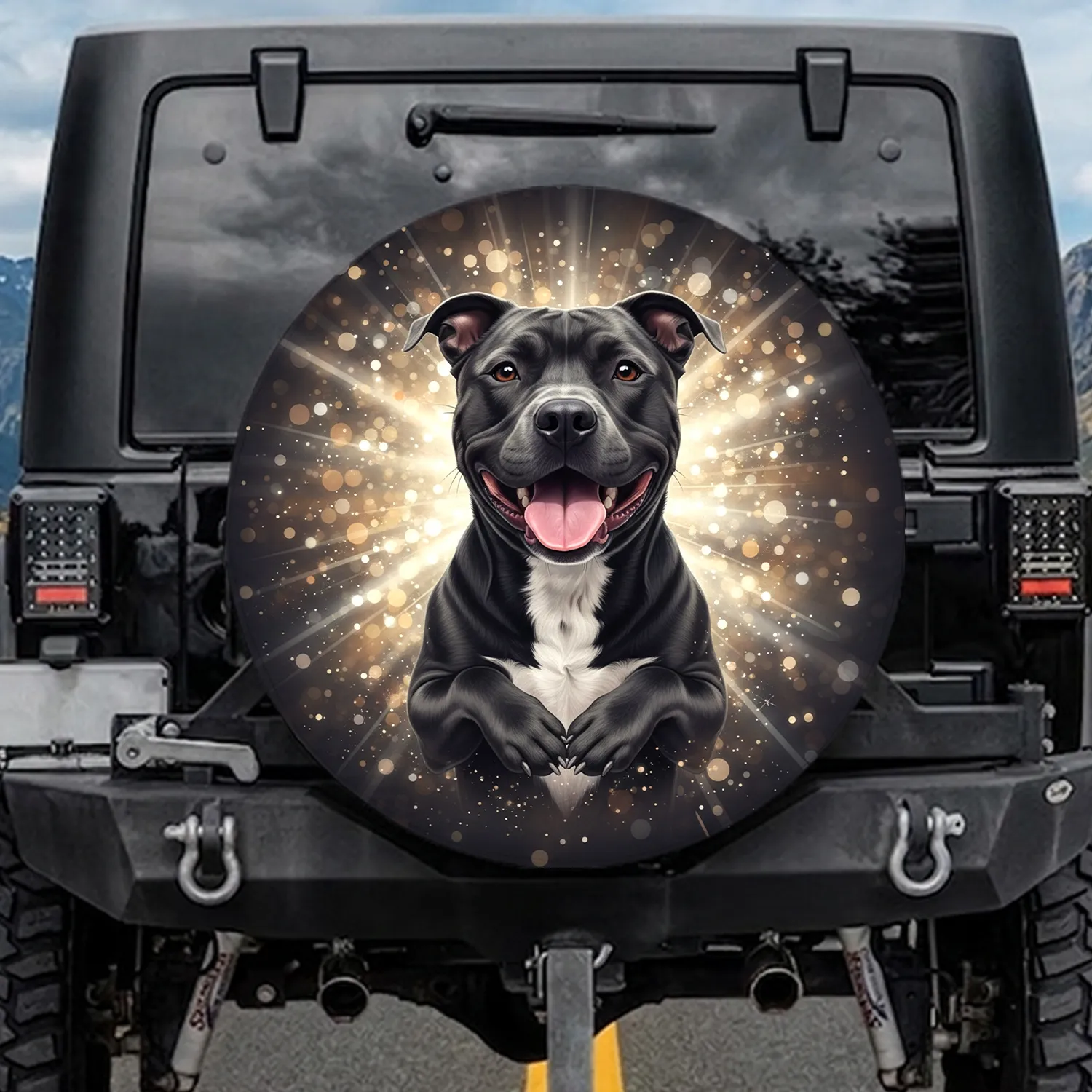 Black Pit Bull White Chest Heart Paws Smiling Dog - Dog Lover Travel Adventure Gift Spare Tire Cover - 1